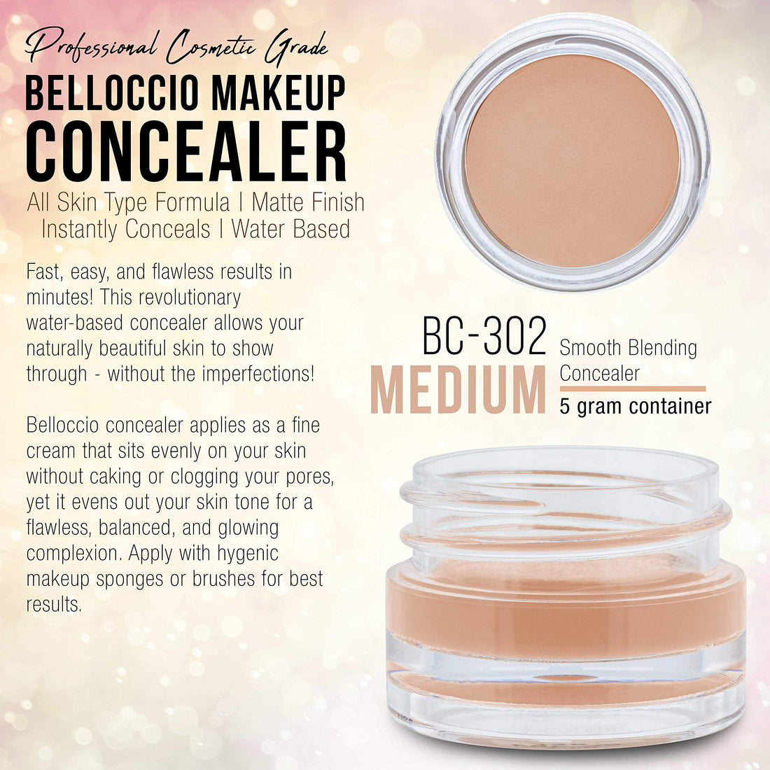 Belloccio High Definition Medium Shade Makeup Concealer 5 gram Jar - Conceal Imperfections, Hide Blemishes, Dark Under Eye Circles, Cosmetic Cream - Use Under Airbrush Foundation