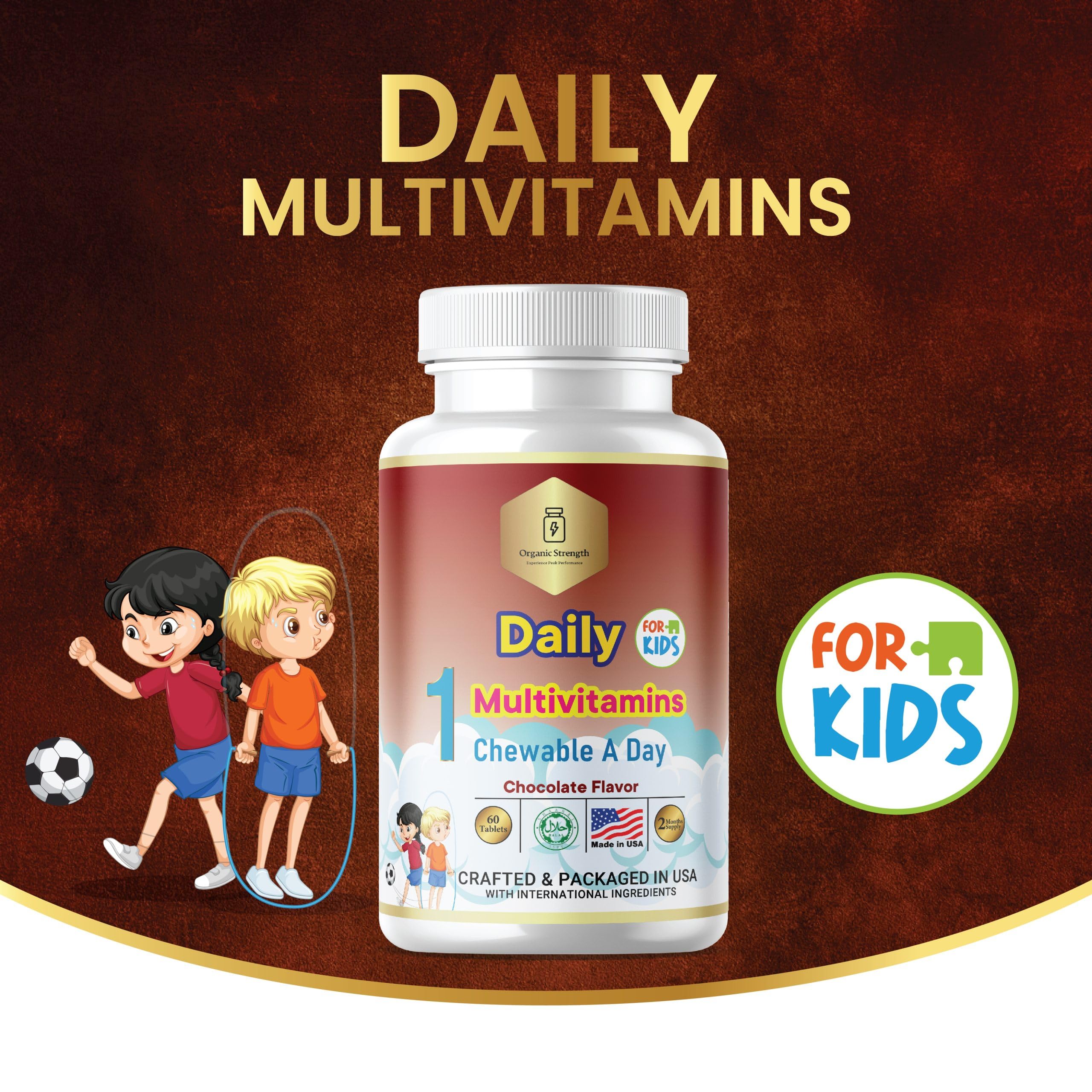 Organic Strength Kids 1 Chewable A Day Halal Multivitamins for Age 4-12, 60 Servings