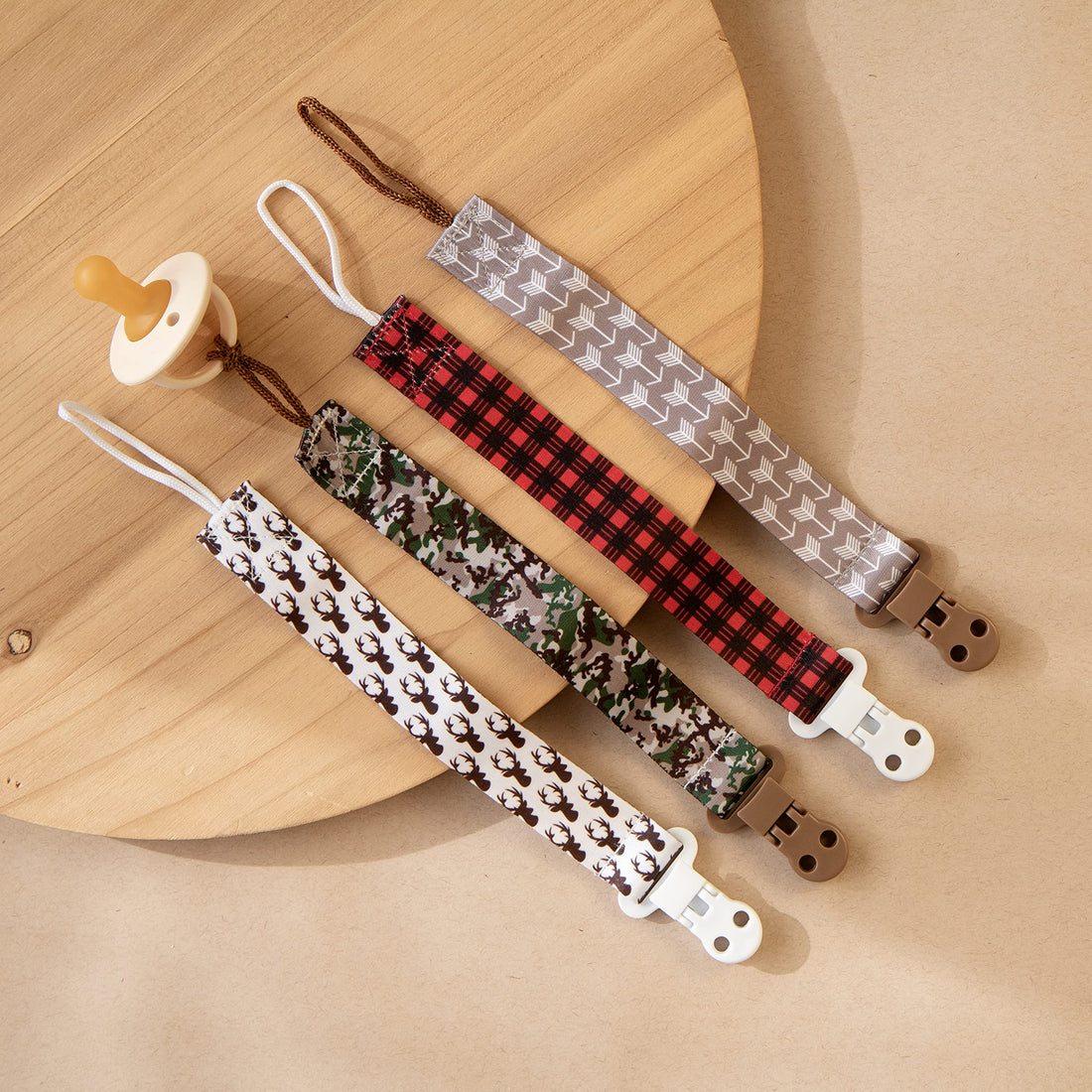 Stadela Baby Pacifier Clip Leash Soothie Teething Ring and Teether Toy Holder for Boy 4 Pack Baby Shower Birthday Gift Set Forest Animals Buffalo Check Plaid Arrows Deer (Hunting Adventure)