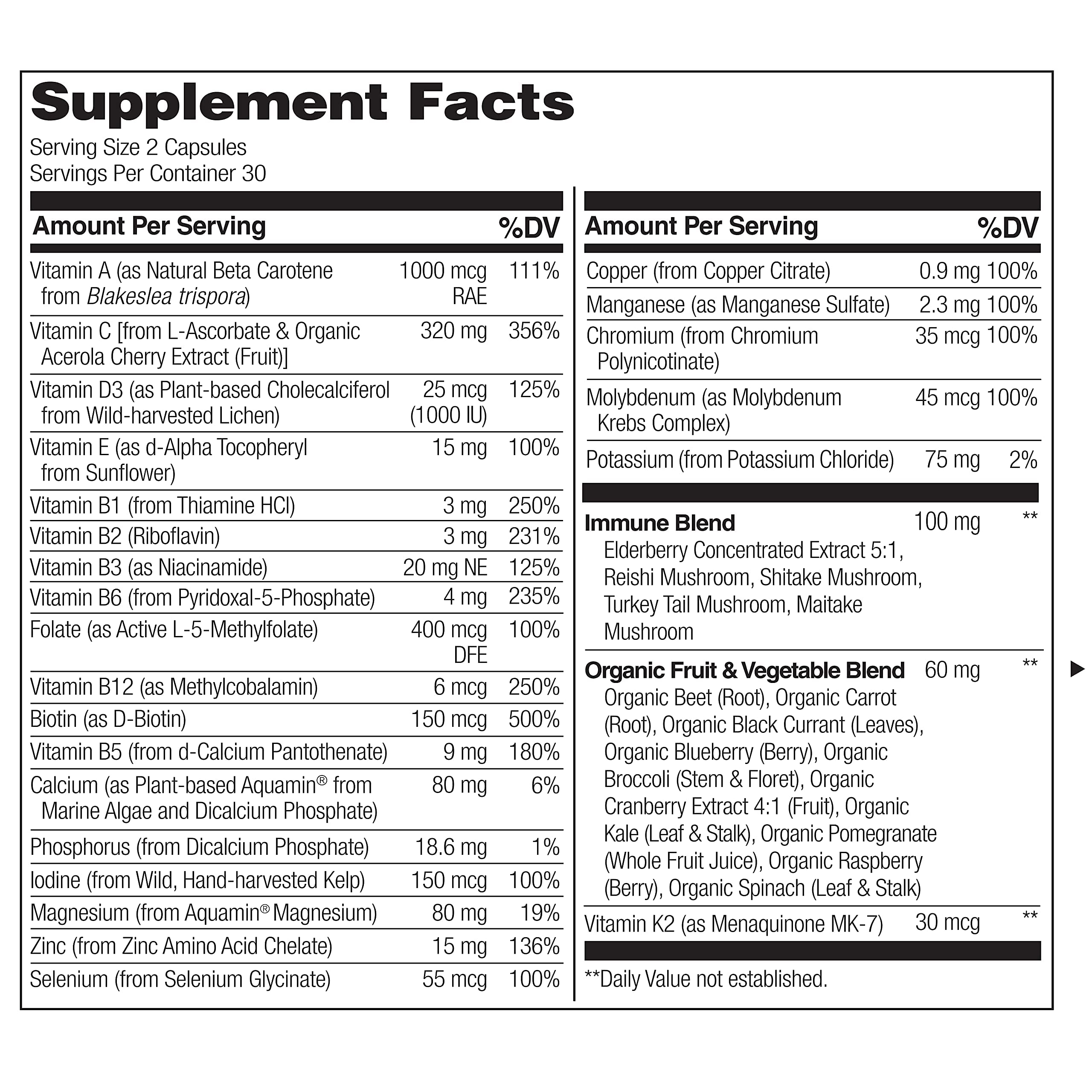 NATURELO Whole Food Multivitamin + Immune Blend with Elderberry & Mushrooms - Complete Multivitamin with Extra Immune Support - C, D3, Zinc, Elderberry, Reishi, Shitake - 60 Vegan Capsules