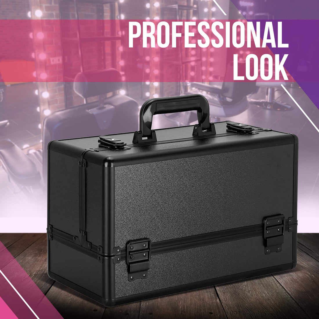 Ver beauty 6-tiers accordion trays professional cosmetic makeup train case organizer travel - vp001, Black Matte