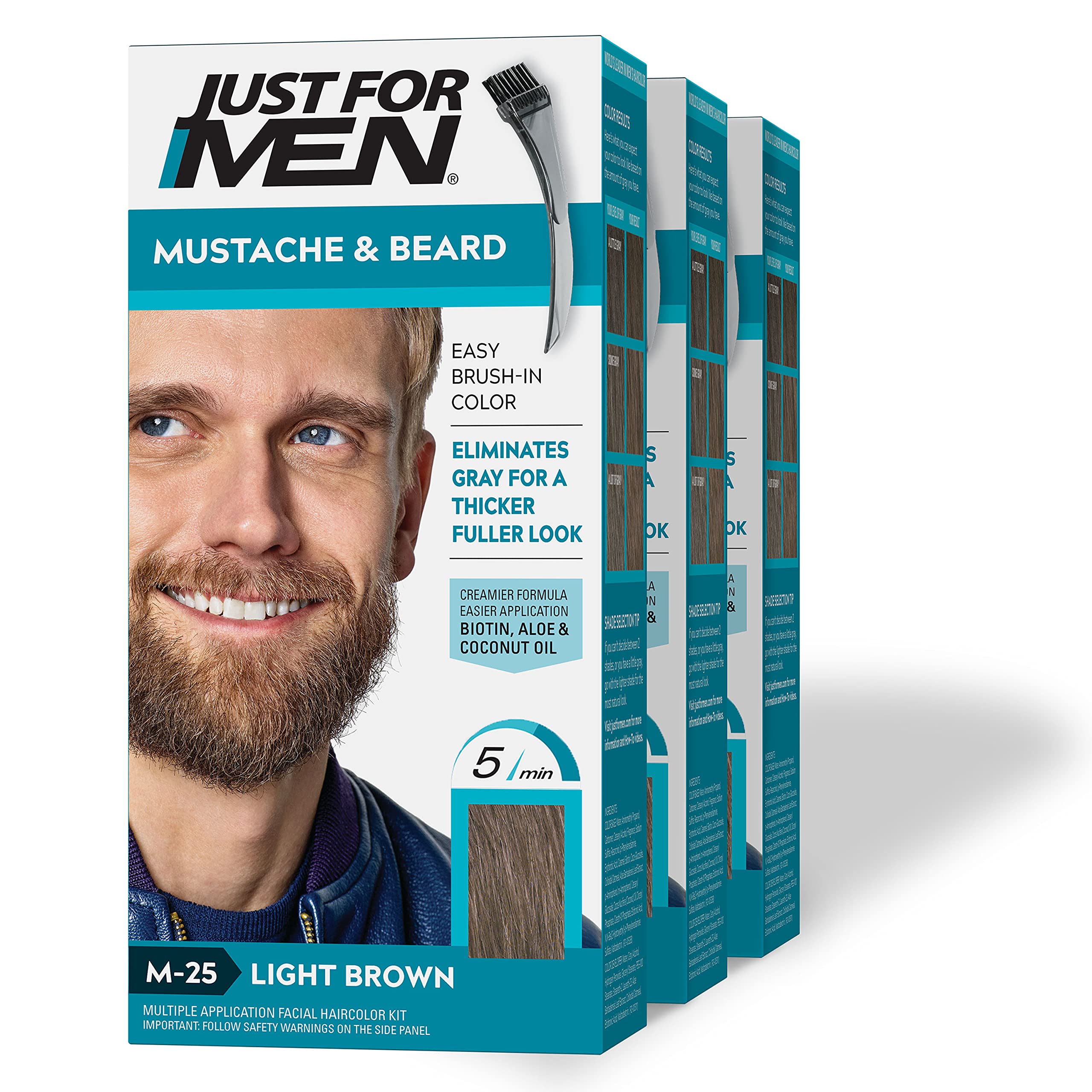 Just For Men Mustache & Beard, Beard Dye for Men with Brush Included for Easy Application, With Biotin Aloe and Coconut Oil for Healthy Facial Hair - Light Brown, M-25, Pack of 3