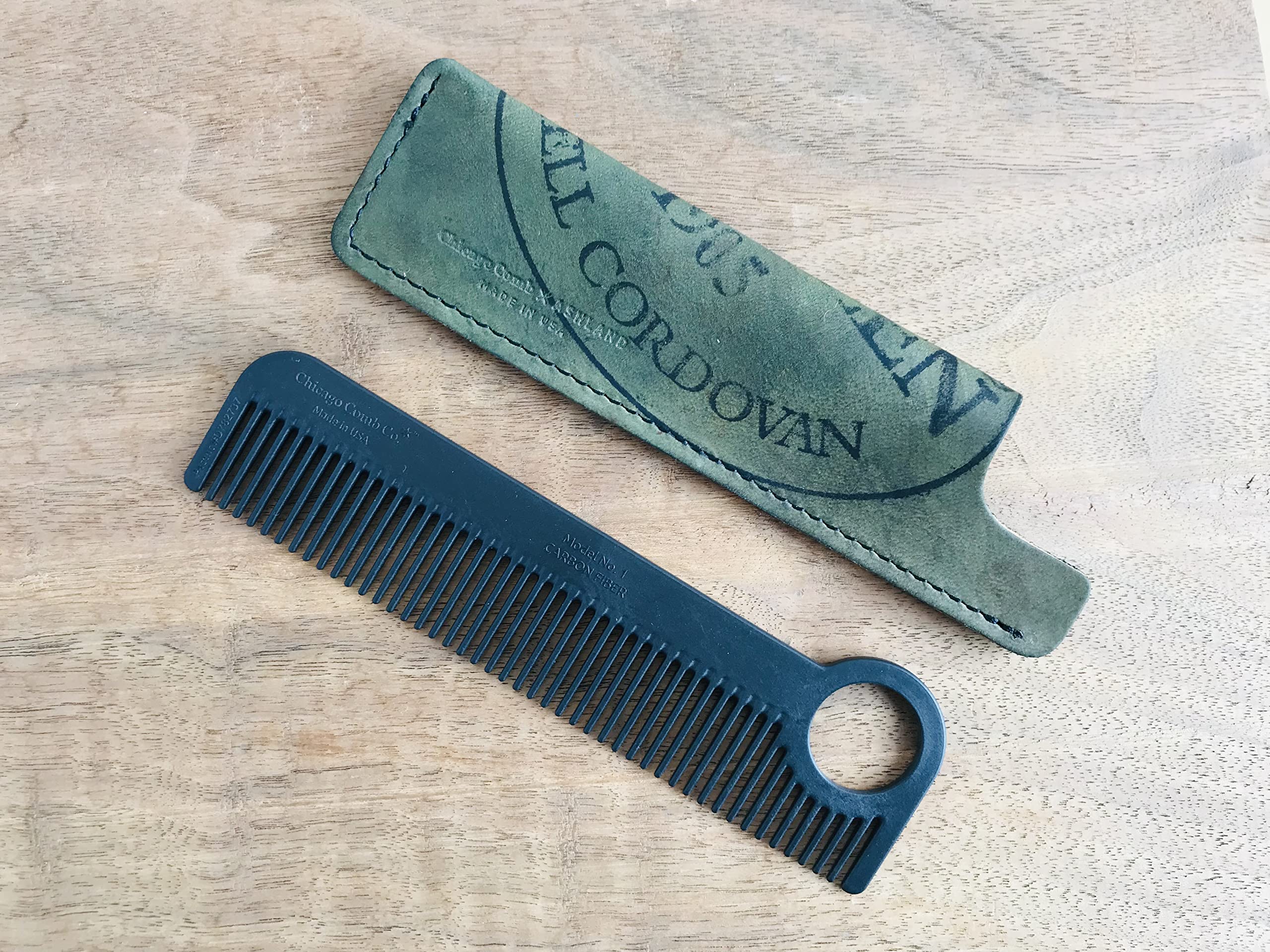 Chicago Comb Model 1 Carbon Fiber Comb + Olive Shell Cordovan Horween leather sheath, Made in USA, ultimate pocket & travel comb, ultra smooth strong light, anti-static, American