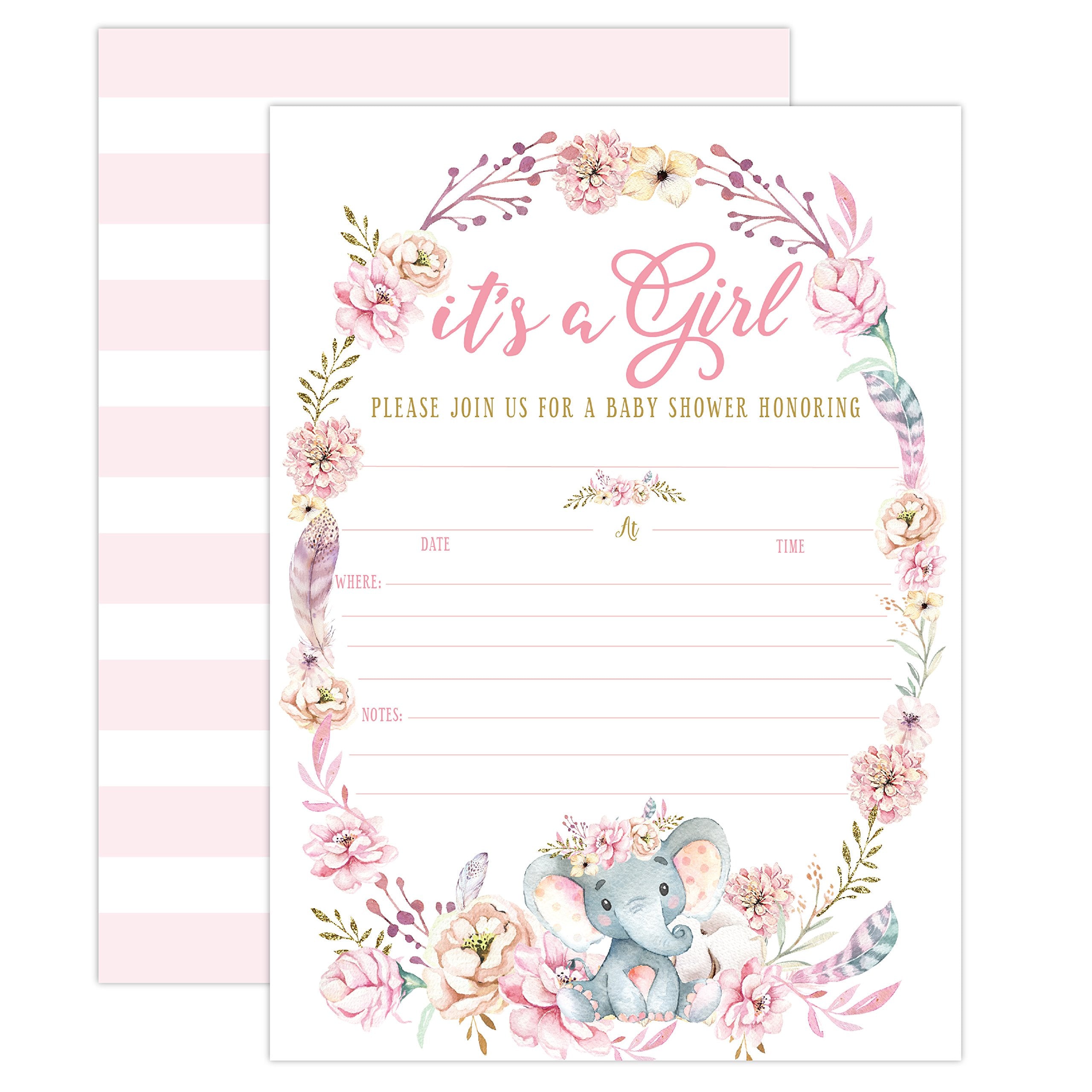 Elephant Baby Shower Invitation, Girl Pink Elephant Baby Shower, Jungle Baby Girl Shower Invite, It's a Girl, Baby Sprinkle Invite, 20 Fill in Invitations and Envelopes