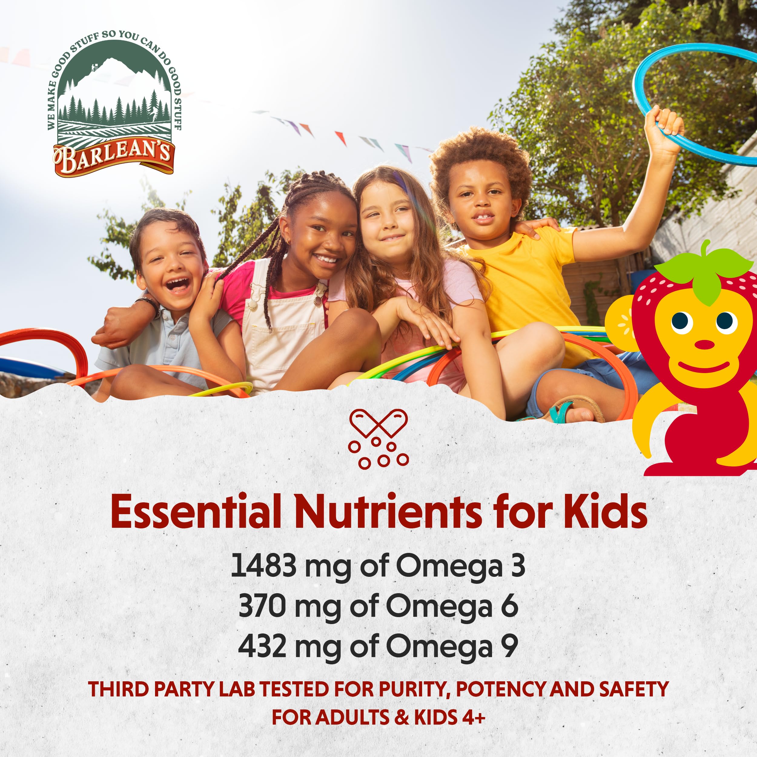 Barlean's Omega Pals Omega 3 for Kids, Yummy Straw-Nana Flavored Children's Liquid Flax Seed Oil Supplement with 1,483 mg ALA, Non-GMO, Vegan Brain and Eye Health, 8 oz