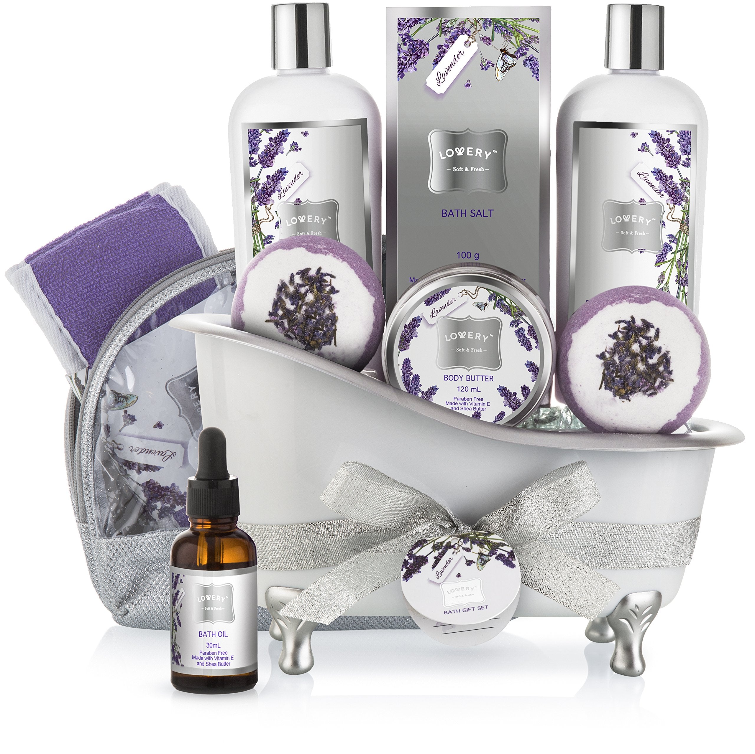 Mothers Day Bath Gift Basket Set for Women: Relaxing at Home Spa Kit Scented - Lavender and Jasmine with Large Bath Bombs, Salts, Shower Gel, Body Butter Lotion, Bath Oil, Bubble Bath, Loofah & More