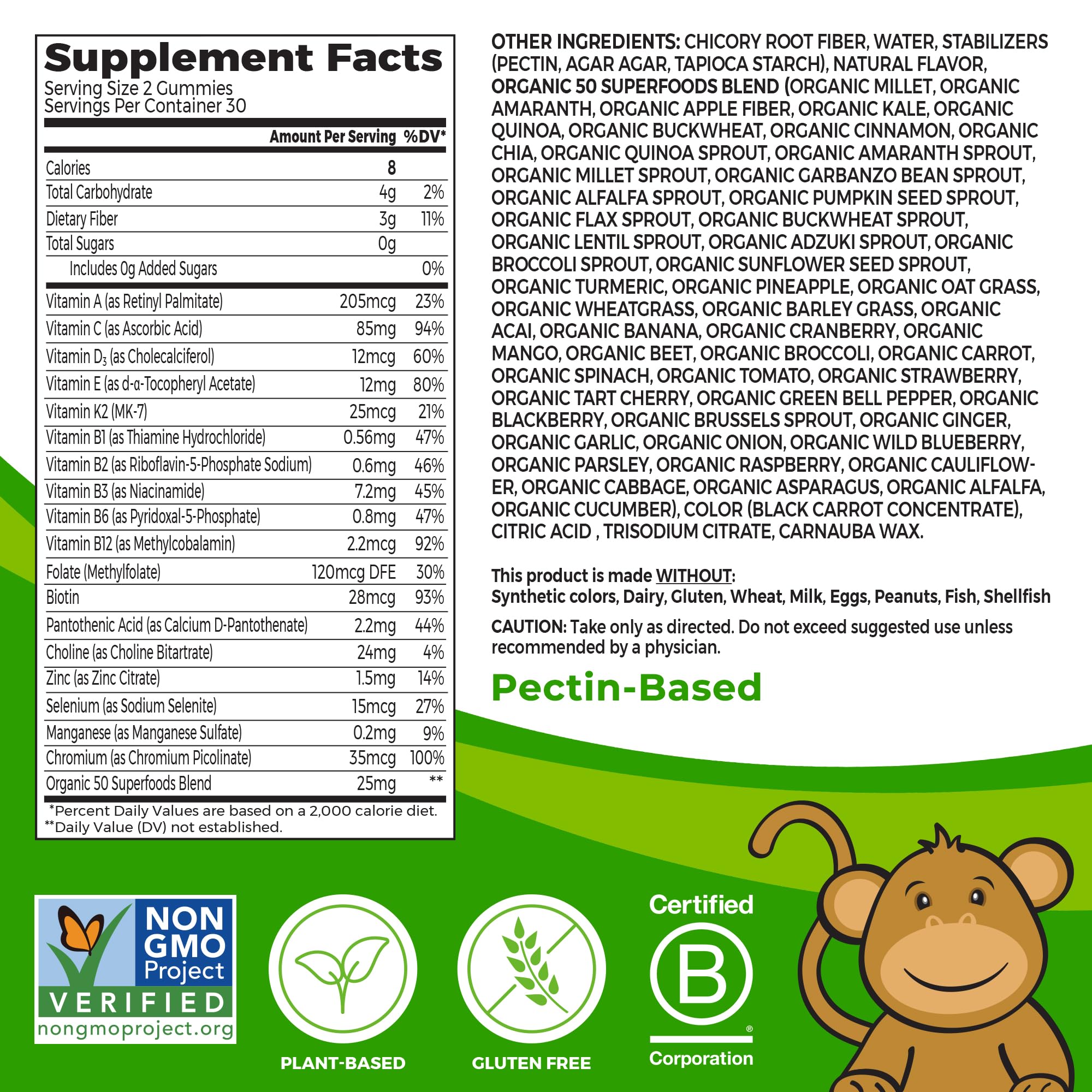 Orgain Kids Sugar Free Multivitamin Gummies, Vegan & Plant Based, 50 Superfoods, 15 Vitamins and Minerals, Immune Support and 3g of Fiber, Mixed Berry, Ages 4+, 1 Month Supply (60 Gummies)