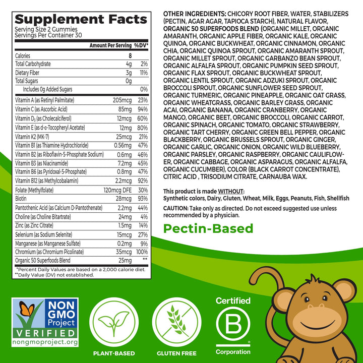 Orgain Kids Sugar Free Multivitamin Gummies, Vegan & Plant Based, 50 Superfoods, 15 Vitamins and Minerals, Immune Support and 3g of Fiber, Mixed Berry, Ages 4+, 1 Month Supply (60 Gummies)