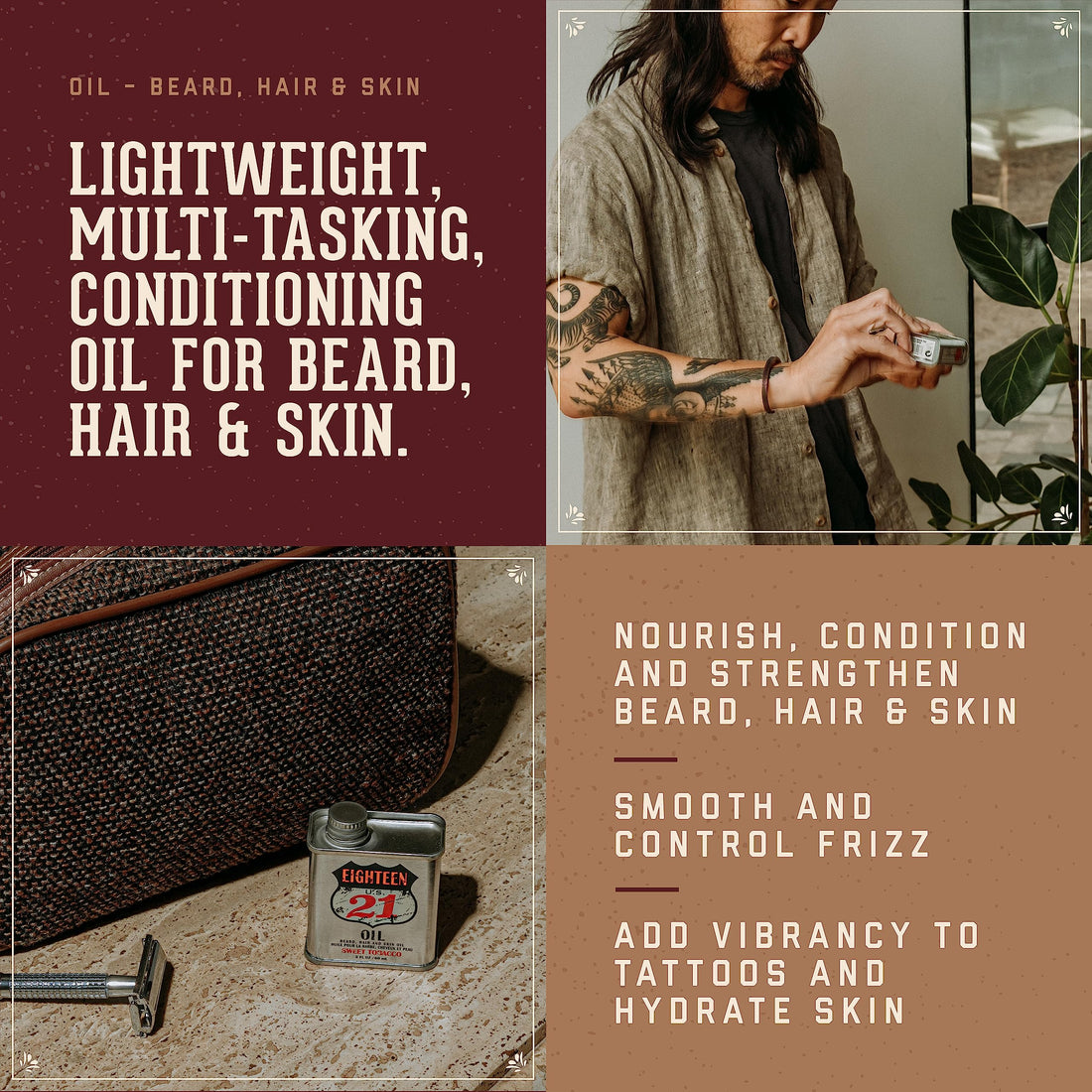 18.21 Man Made Hair, Skin & Beard Oil for Men Sweet Tobacco Scent - Non-Greasy, Conditioning Balm with Castor Seed, Jojoba, and Argan Oils - Premium Tattoo and Mustache Care Products 2oz