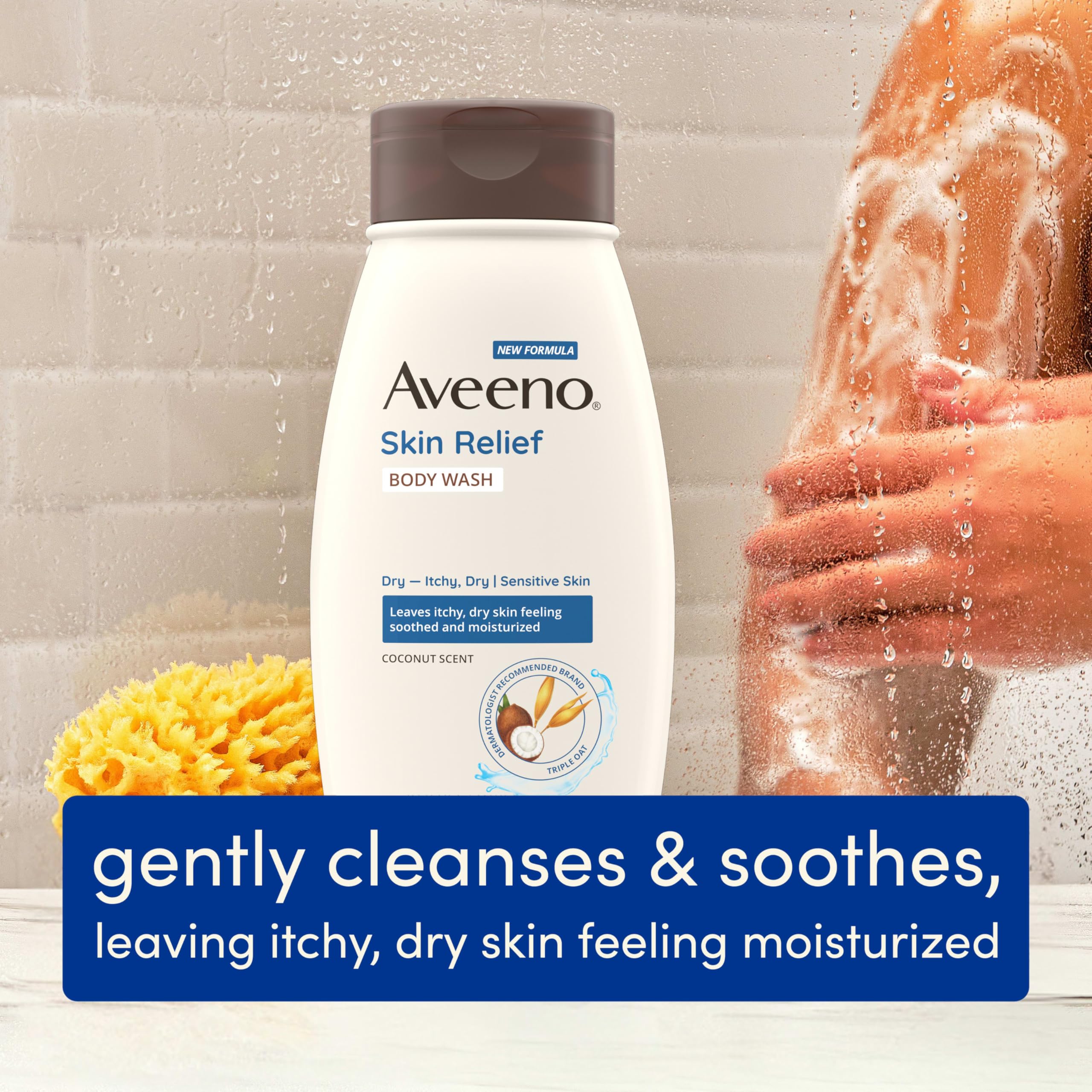 Aveeno Skin Relief Body Wash with a Gentle Coconut Scent & Triple Oat Formula, Daily Cleanser for Sensitive Skin Leaves Itchy, Dry Skin Feeling Soothed & Moisturized, Soap-Free, 18 fl. oz