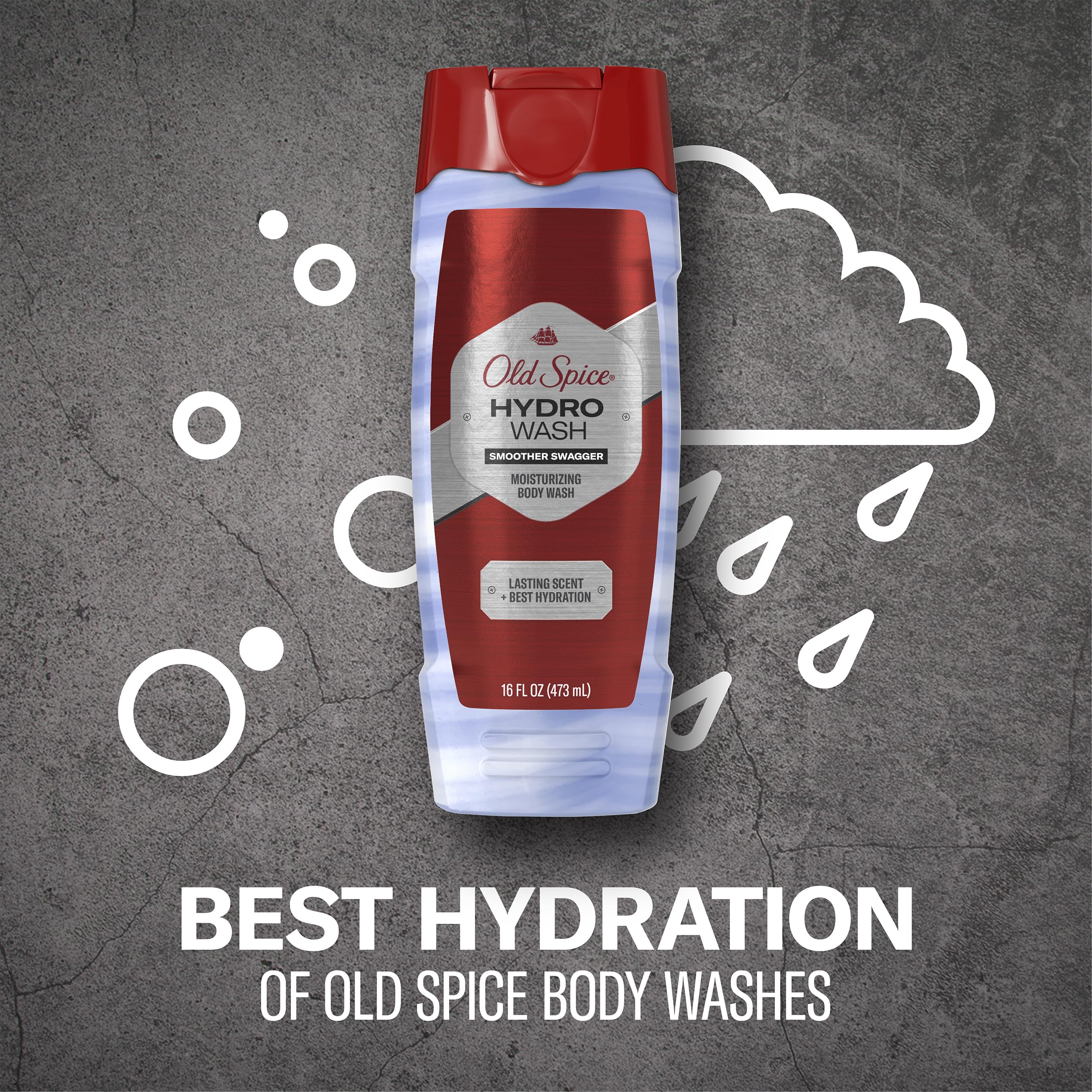 Old Spice Body Wash Hydro Wash for Men, 2 in 1 Lasting Scent + Hydration, Hardest Working Collection, Smoother Swagger Scent, 16 Ounce (Pack of 4)