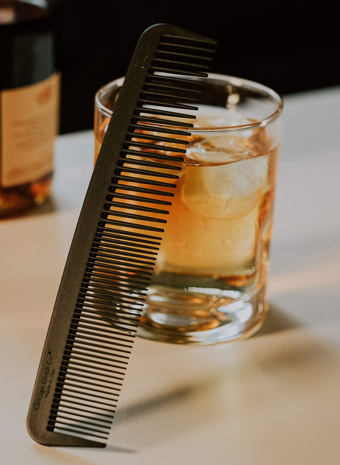Chicago Comb Model 6 Carbon Fiber Comb + English Tan Horween leather sheath, Made in USA, ultimate styling comb, for men & women, ultra smooth strong & light, anti-static, premium leather sheath