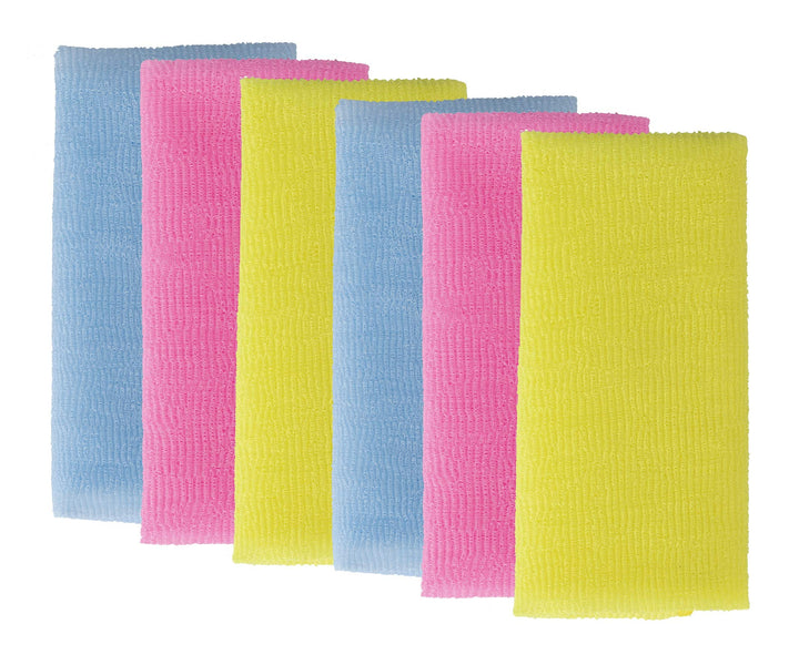 KAKOOI Long Exfoliating Nylon Bath Cloth/Towel, Magic Shower Washcloth for Body, 35 inches(6PCS, 2Blue&2Yellow&2Pink)