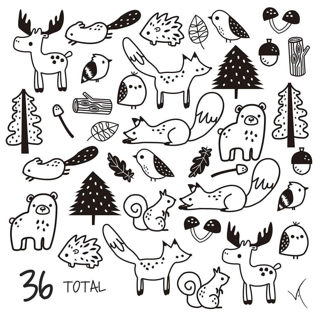 The Boho Design Forest Animal Wall Decals Peel and Stick for Kids, Baby Bedroom Nursery and Living Room. 36 pcs Adhesive Vinyl Wall Stickers Decor (White)
