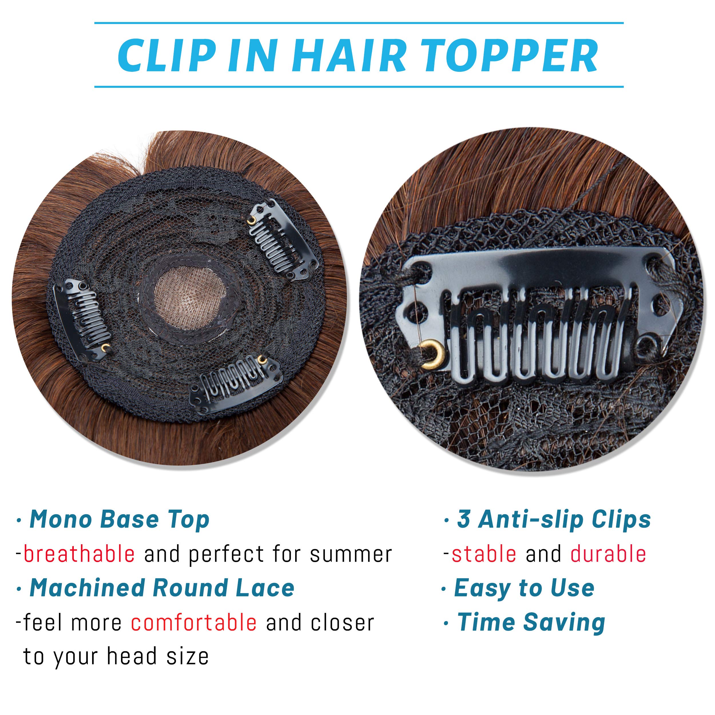 S-noilite Clip In Topper with Bangs 100% Real Human Hair Mono Base Crown Toppers with Wispy Fringe Medium Brown Top Hairpiece For Women with Thinning Hair Cover Grey Hair 10Inch 32g #4