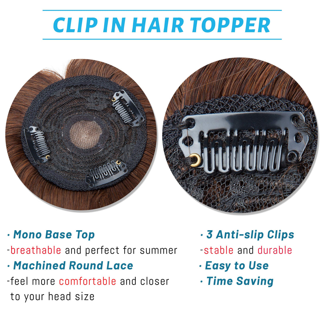 S-noilite Clip In Topper with Bangs 100% Real Human Hair Mono Base Crown Toppers with Wispy Fringe Medium Brown Top Hairpiece For Women with Thinning Hair Cover Grey Hair 10Inch 32g #4