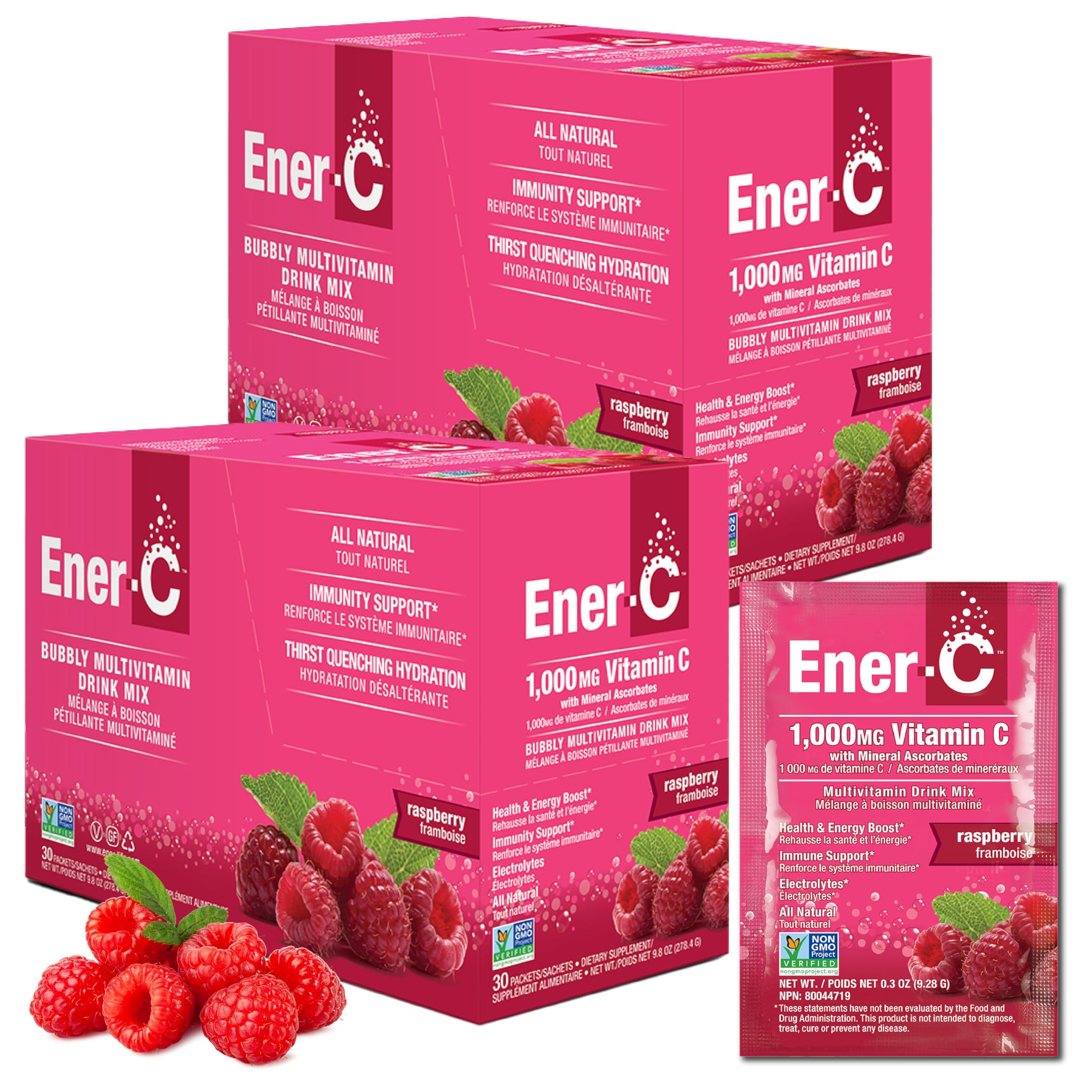 Ener-C Raspberry Multivitamin Drink Mix Powder Vitamin C 1000mg & Electrolytes with Real Fruit Juice Natural Energy & Immune Support for Women & Men - Non-GMO Vegan & Gluten Free - 60 Count