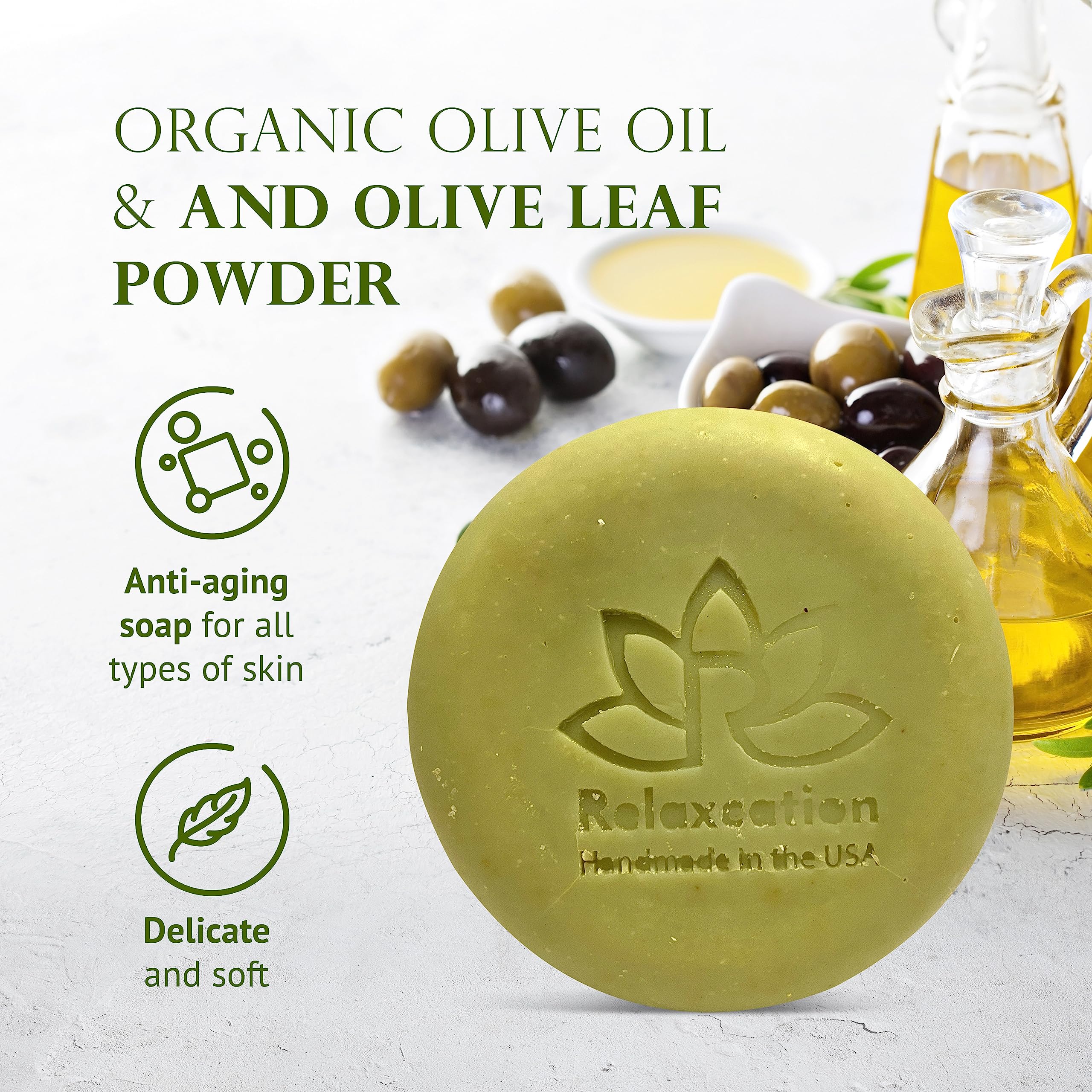 Relaxcation Natural Olive Oil Soap Bar with Organic Pure Greek Olive Oil and Olive Leaves - Anti-Aging and Antioxidant Moisturizing Cold Processed Soap - Handmade in USA