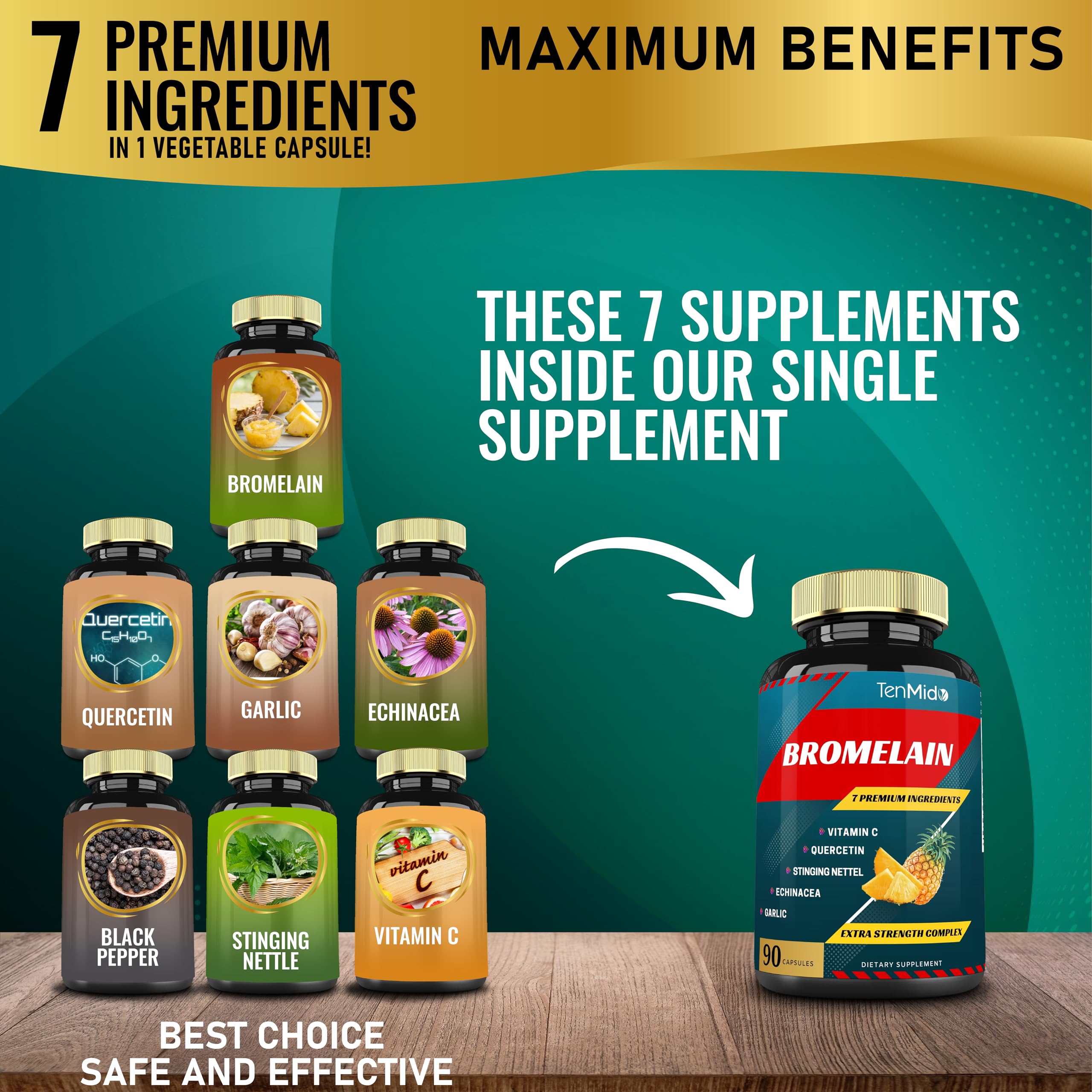 Tenmido Bromelain Extract Capsules, Proteolytic Enzymes & VitC, Quercetin, Echinacea, Garlic, Pepper - Supports Digestion Health, Nutrient Absorption - 90caps, 3Months Supply