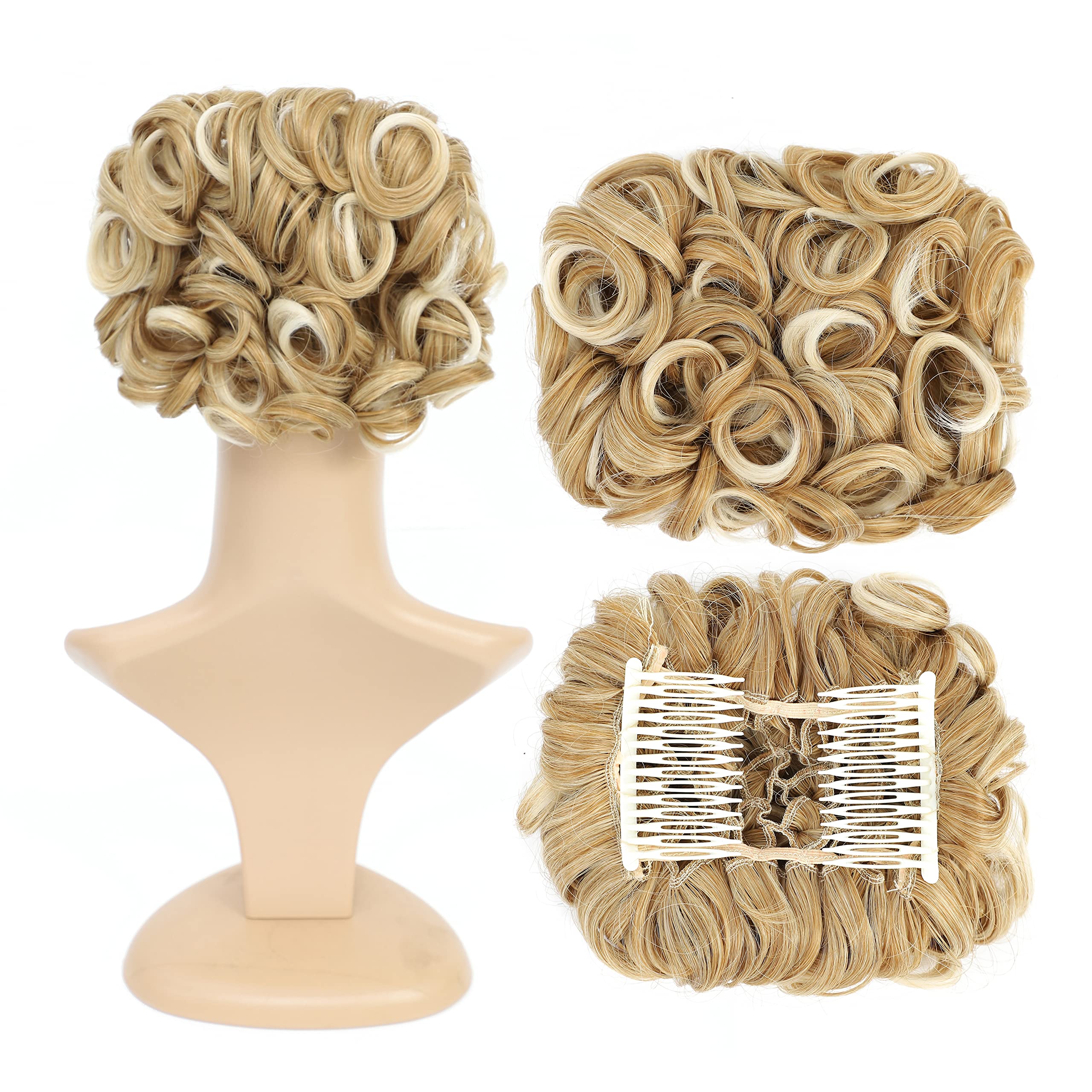 Blonde Mixed-27T613# : SWACC Short Messy Curly Dish Hair Bun Extension Easy Stretch hair Combs Clip in Ponytail Extension Scrunchie Chignon Tray Ponytail (Blonde Mixed-27T613#)