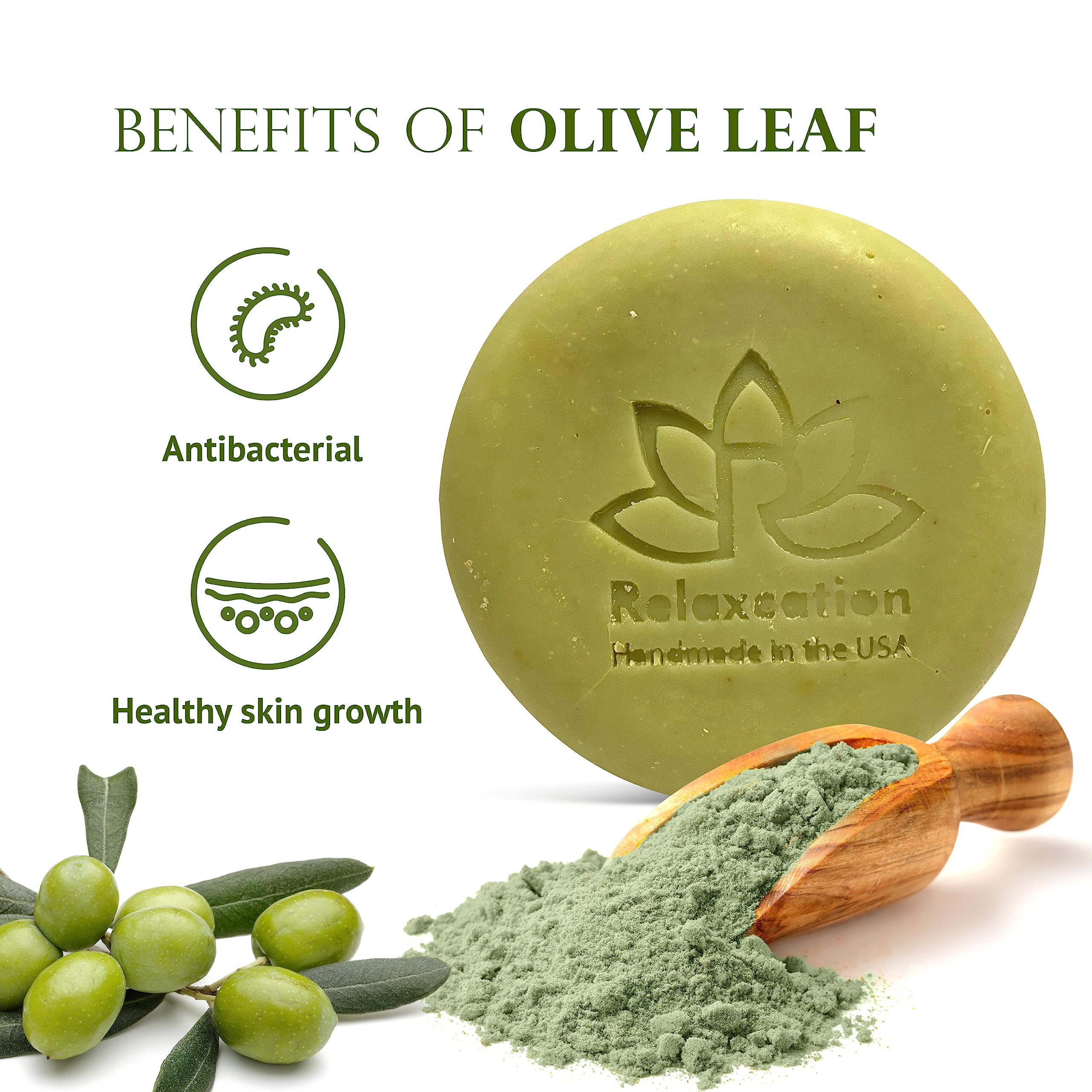 Relaxcation Natural Olive Oil Soap Bar with Organic Pure Greek Olive Oil and Olive Leaves - Anti-Aging and Antioxidant Moisturizing Cold Processed Soap - Handmade in USA