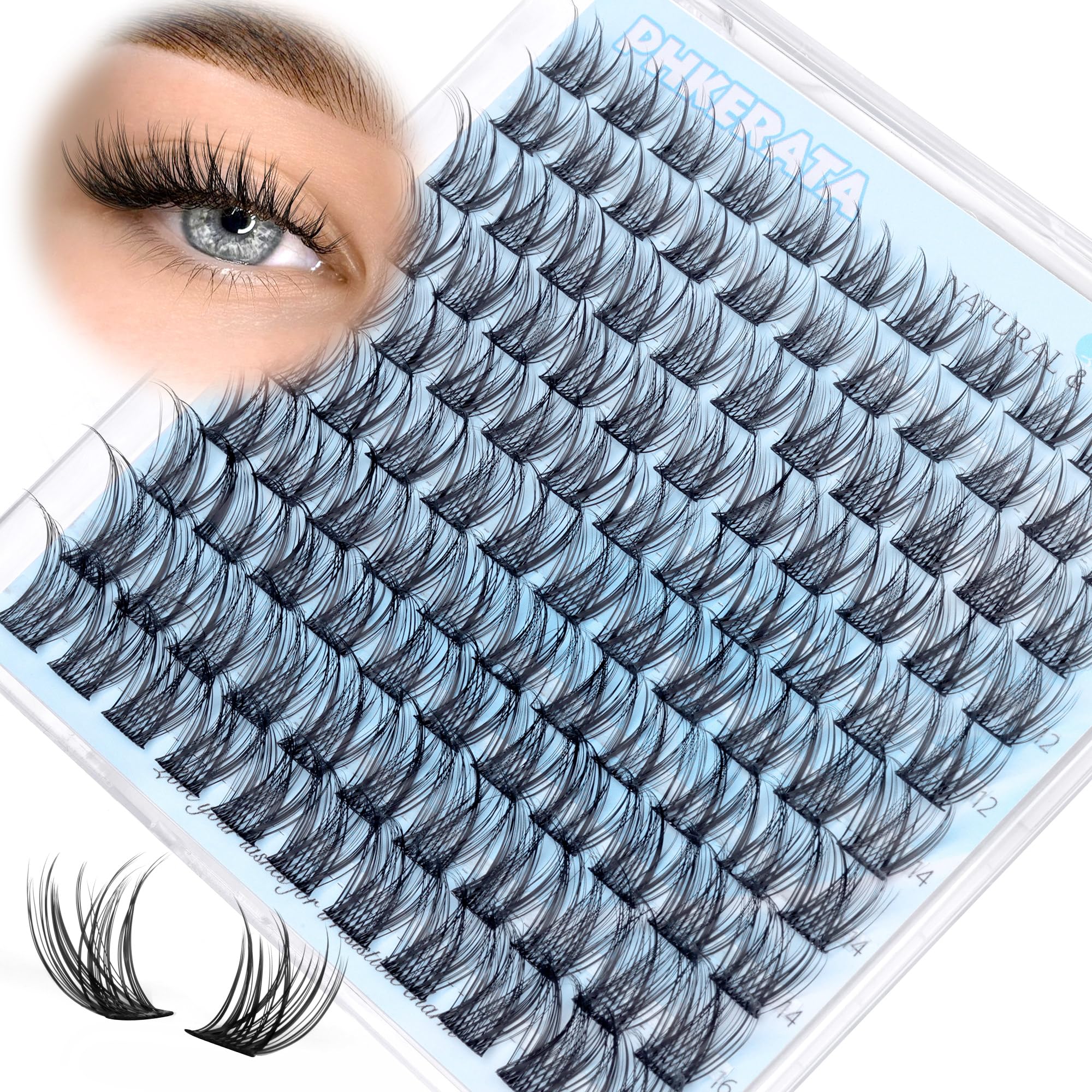 PHKERATA Natural Lash Clusters Wispy Eyelash Clusters 110 pcs Cluster Eyelash Extensions C Curvature Individual Lashes 10-16 mm Mix Length Natural Look Lashes Clusters with Thin Lash Band