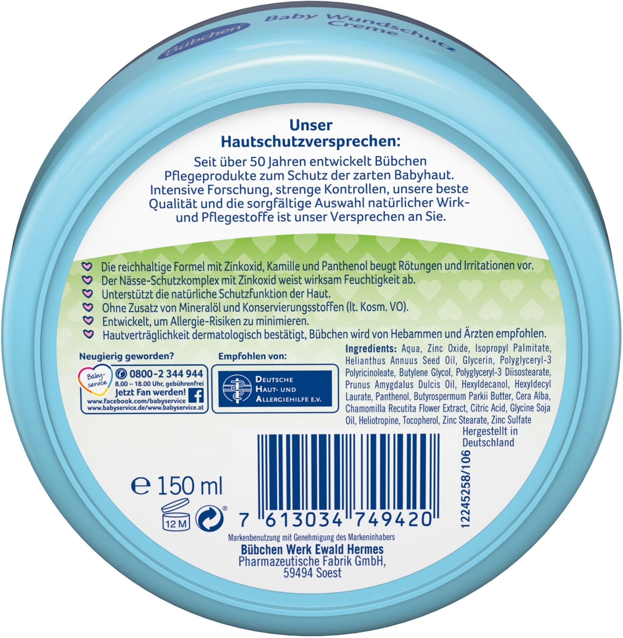 BUEBCHEN Wundschutz Baby Creme 150ml / 5.07 oz Anti-Sore Sore Protection