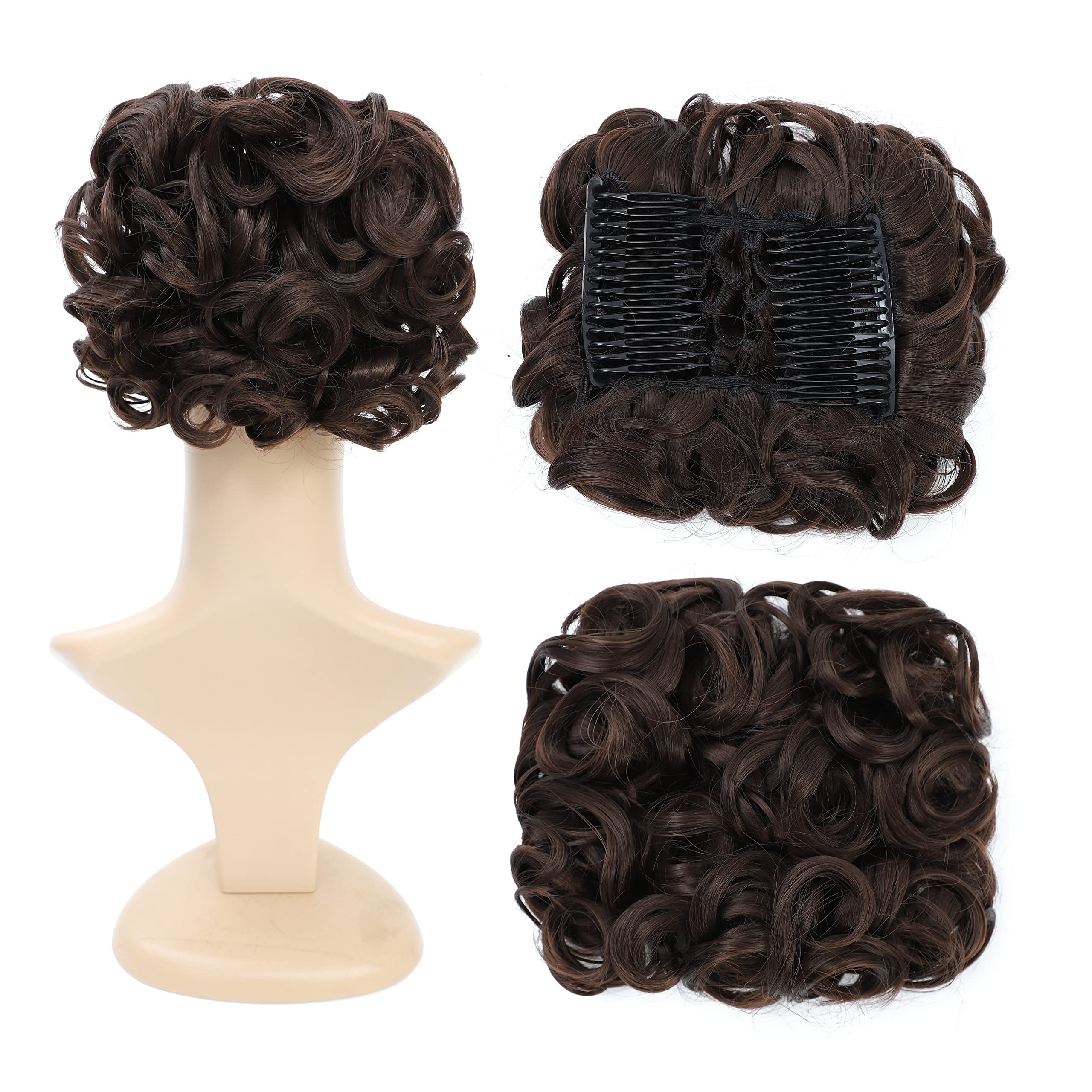 Dark Brown-4# : SWACC Short Messy Curly Dish Hair Bun Extension Easy Stretch hair Combs Clip in Ponytail Extension Scrunchie Chignon Tray Ponytail (Dark Brown-4#)