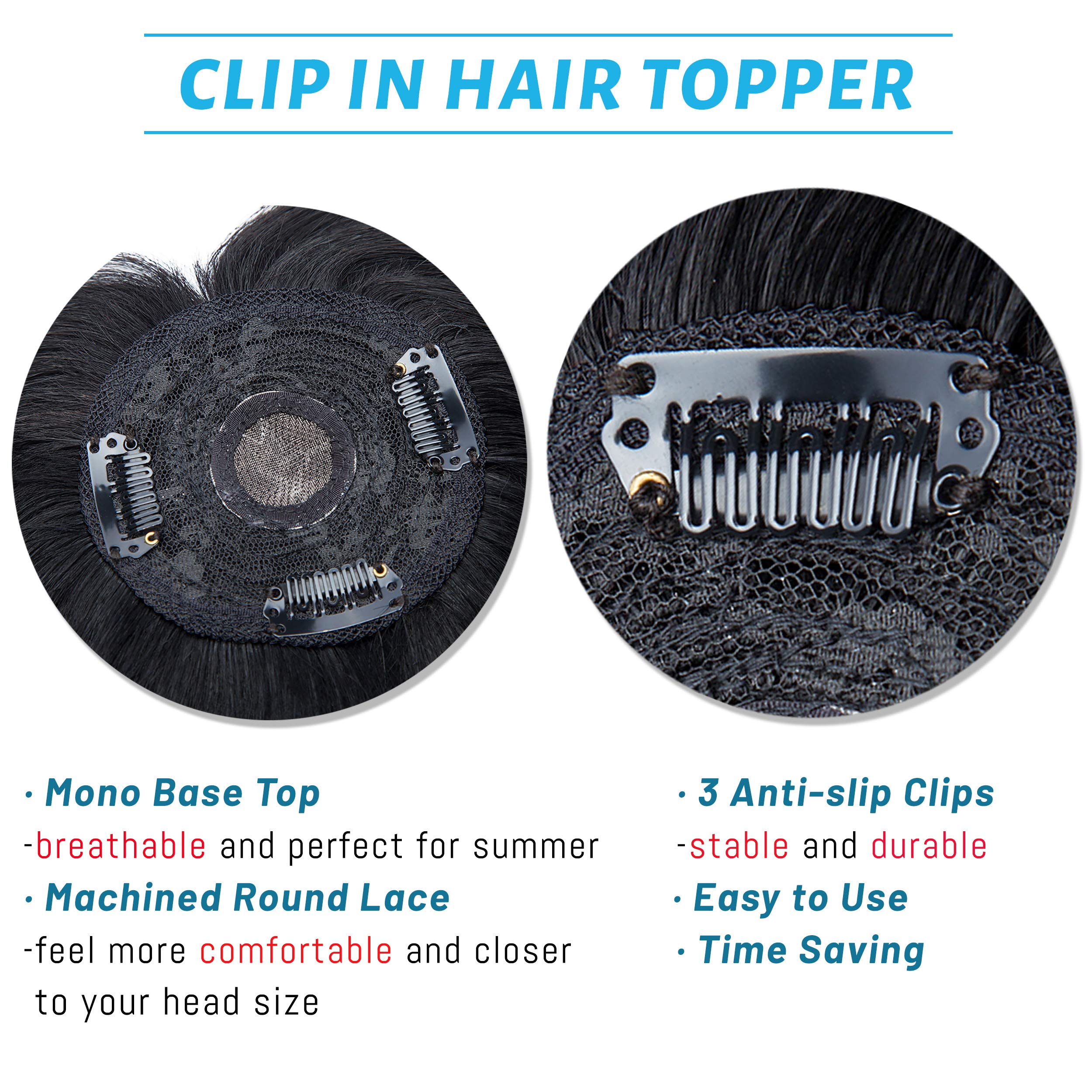 S-noilite Clip In Mono Topper with Bangs 100% Real Human Hair Crown Toppers with Wispy Bangs 12 Inch 35g Jet Black Top Hairpiece For Women with Thinning Hair/Gray Hair/Short Hair/Hair Loss #1