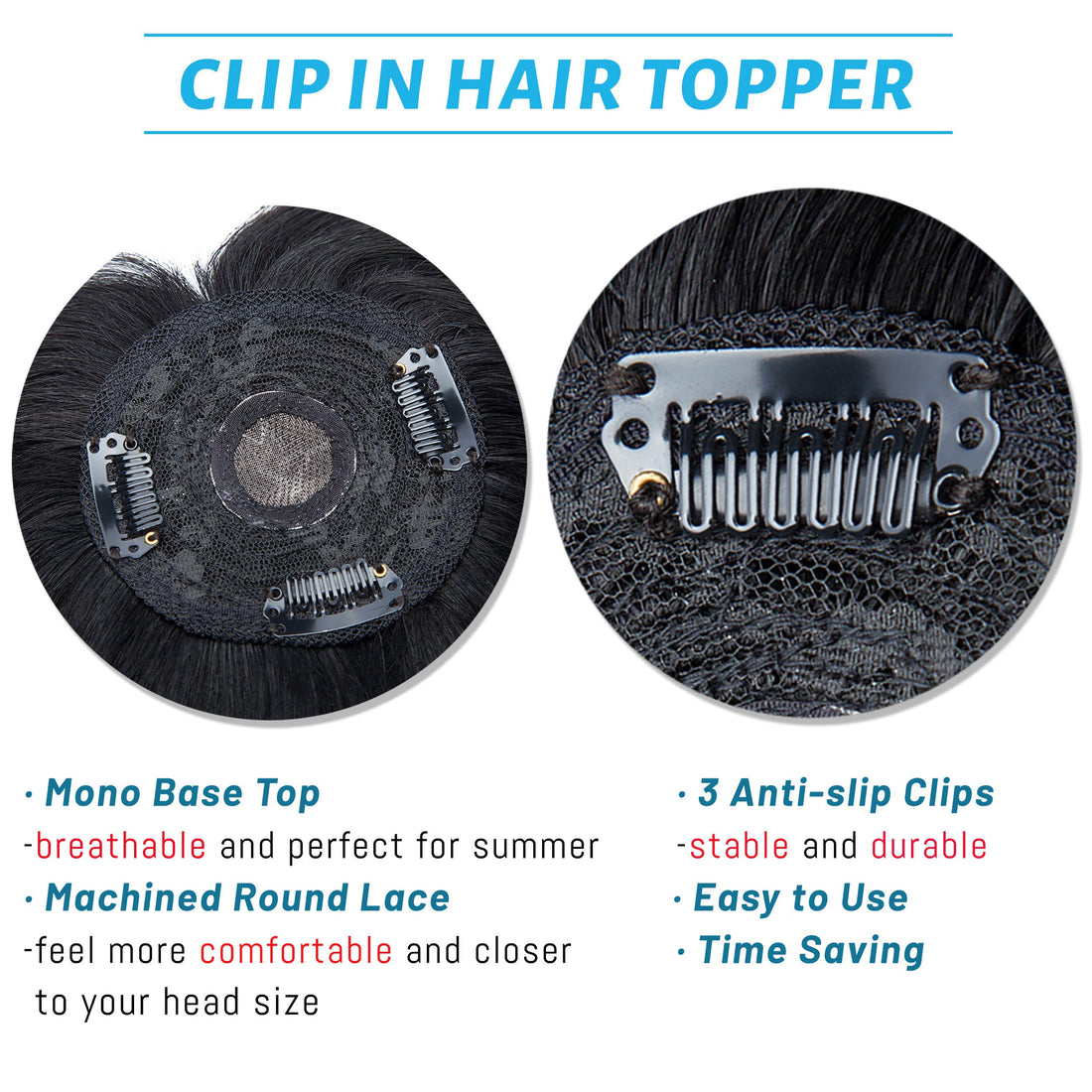 S-noilite Clip In Mono Topper with Bangs 100% Real Human Hair Crown Toppers with Wispy Bangs 12 Inch 35g Jet Black Top Hairpiece For Women with Thinning Hair/Gray Hair/Short Hair/Hair Loss #1