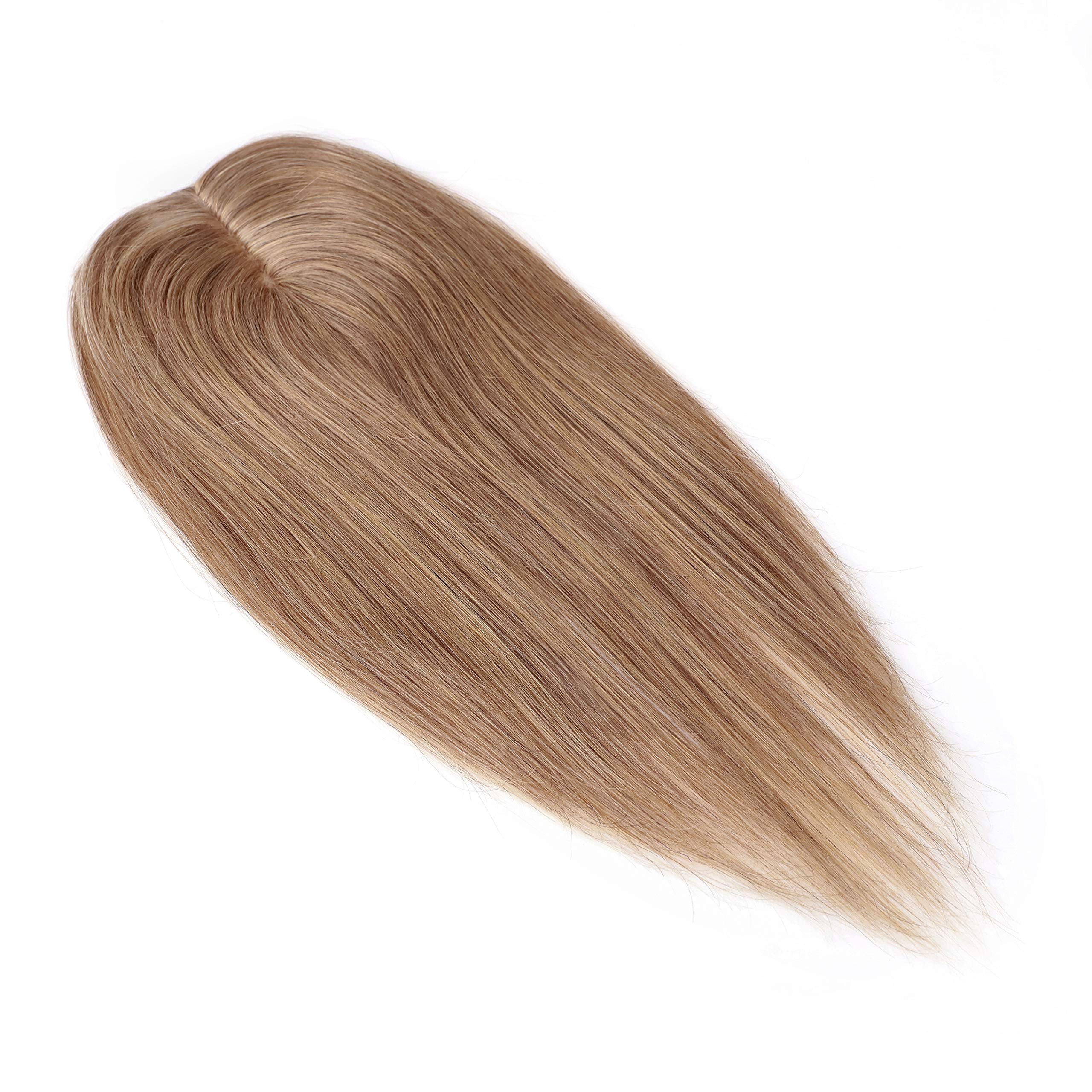 S-noilite 6 Clip in Hair Topper Human Hair 130% Density Silk Base Crown Top Hairpieces Hand Tied Hair Toupee Wiglet For Women with Thinning Hair Add Hair Volume 27g #27 Dark Blonde