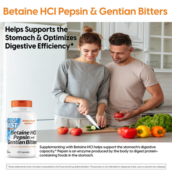 Doctor's Best Betaine HCI Pepsin & Gentian Bitters, Digestive Enzymes for Protein Breakdown & Absorption, Non-GMO, Gluten Free, 120 Caps, Original Version