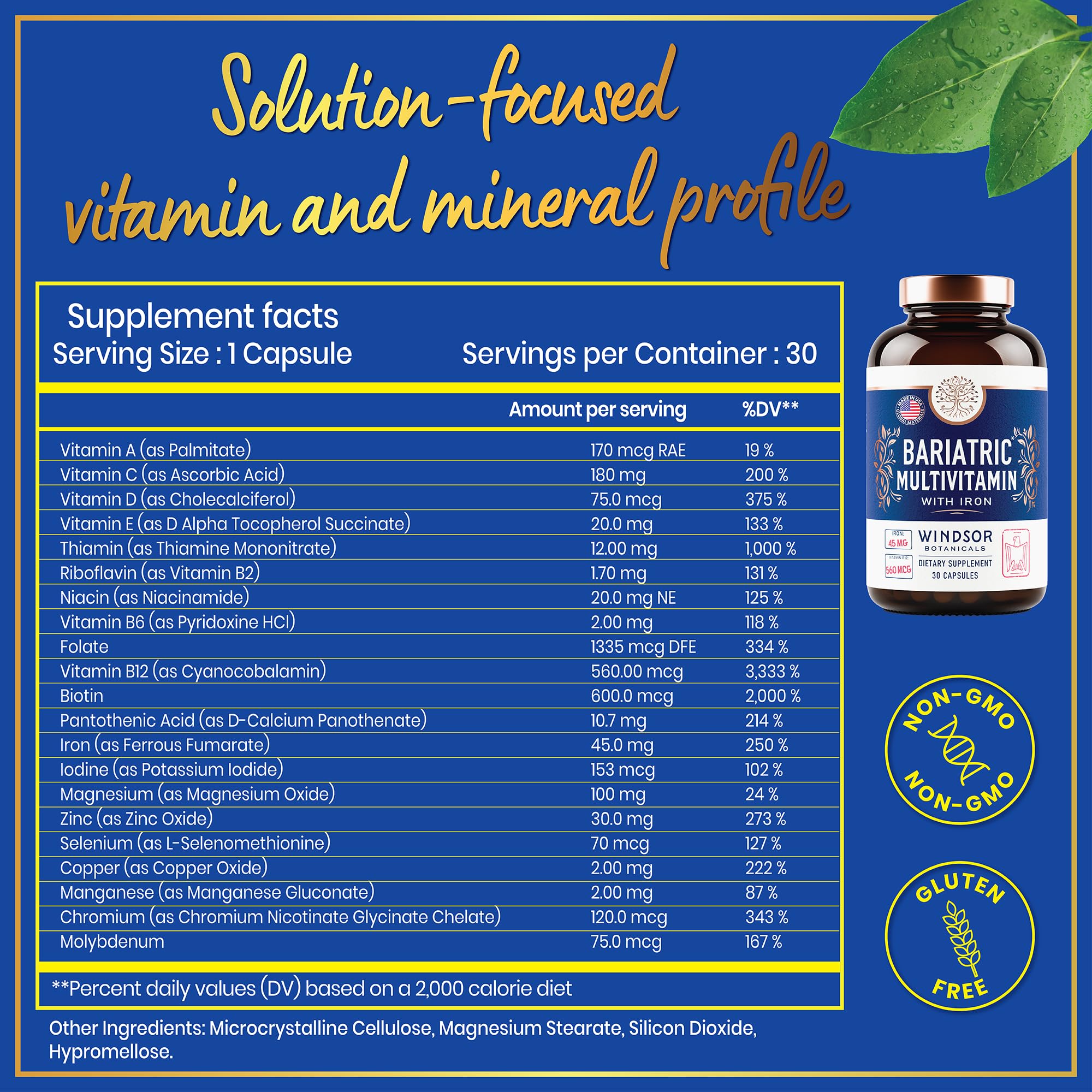 Bariatric Multivitamin with Iron - 45mg Iron Easy to Swallow, One a Day Bariatric Vitamins for Women and Men - Gastric Bypass, Gastric Sleeve Recovery Vitamin Multivitamins - 30 Caps