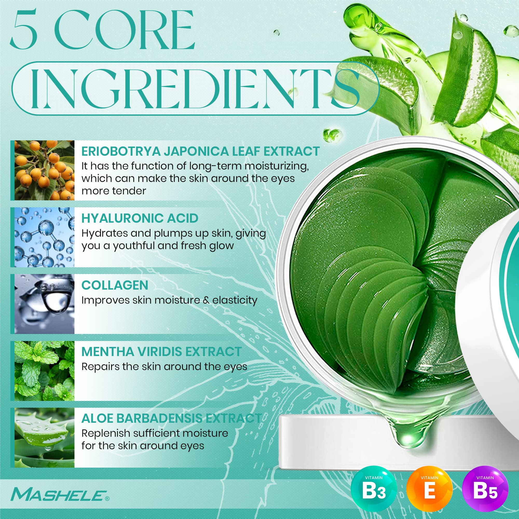 MASHELE Korean 60pcs Aloe Vera Collagen Under Eye Gel Patches Mask, Treatment for Puffy Eyes, Dark Circles, Anti Wrinkle Pads, Moisturizing for Women and Men (60pcs patches aloe vera)