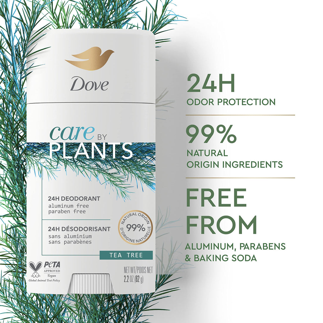 Dove Care by Plants Deodorant Stick for long-lasting deodorant protection Tea Tree aluminum free deodorant 2.6 oz 3 Count