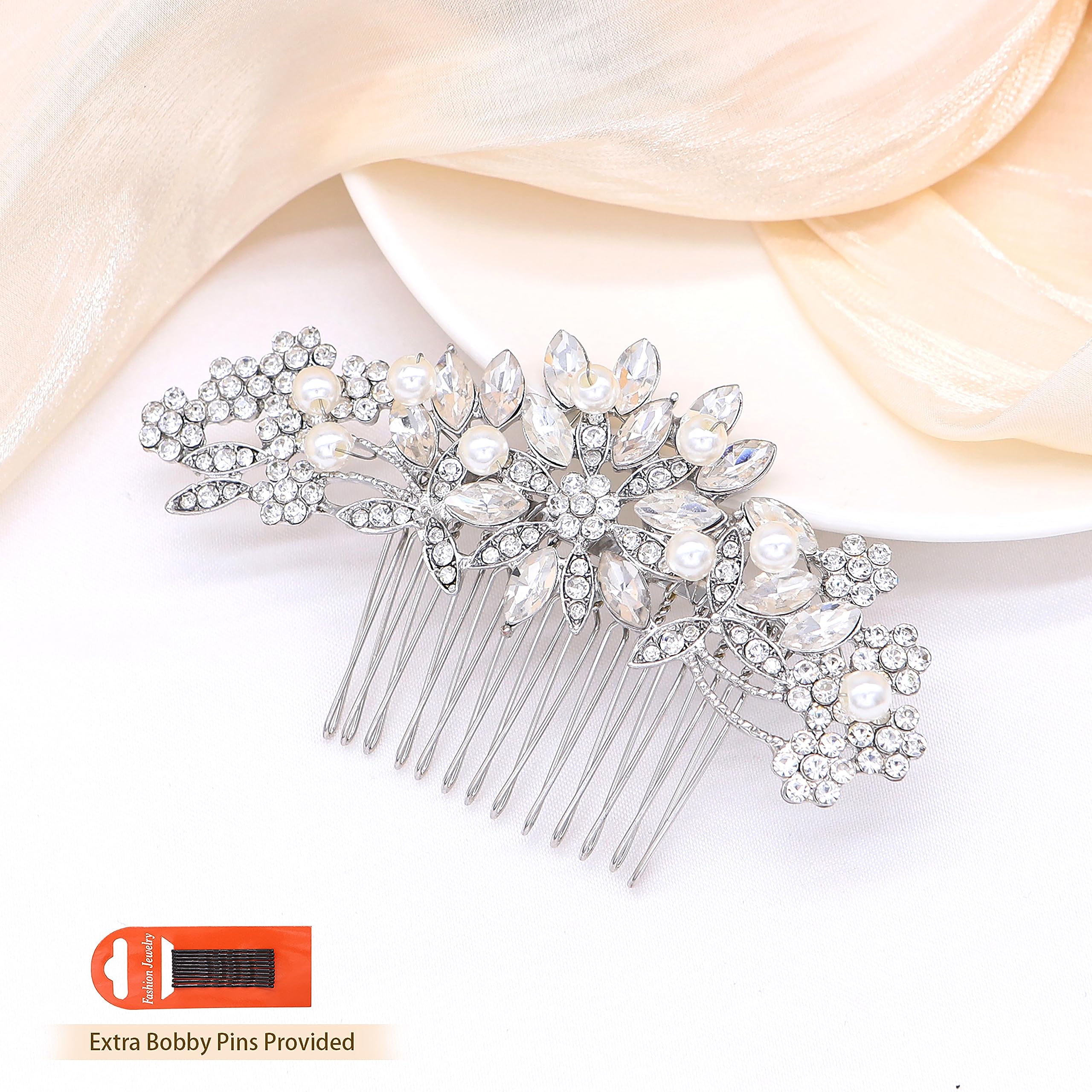 Ammei Rose Gold Wedding Hair Comb With Pearls and Crystals Wedding Hair Accessories Bridal Headpiece Or For Parties (Silver)