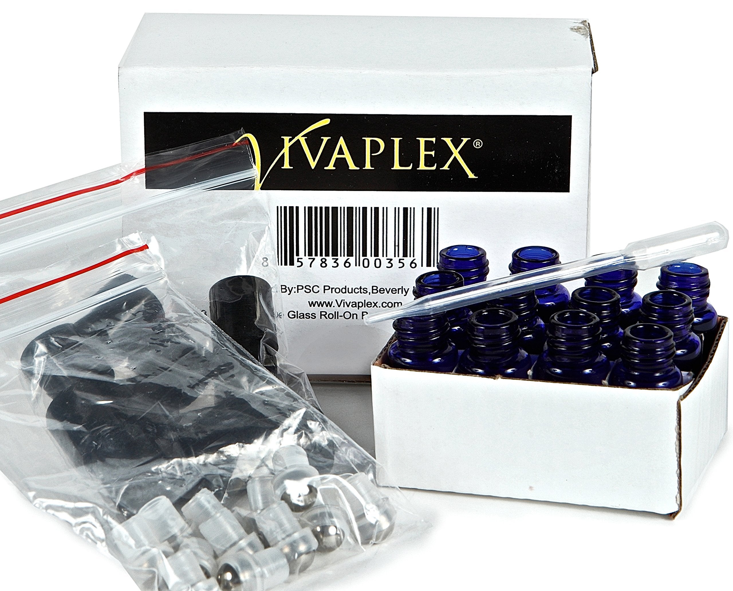 Vivaplex, 12, Cobalt Blue, 3 ml Glass Roll-on Bottles with Stainless Steel Roller Balls - Dropper included ...
