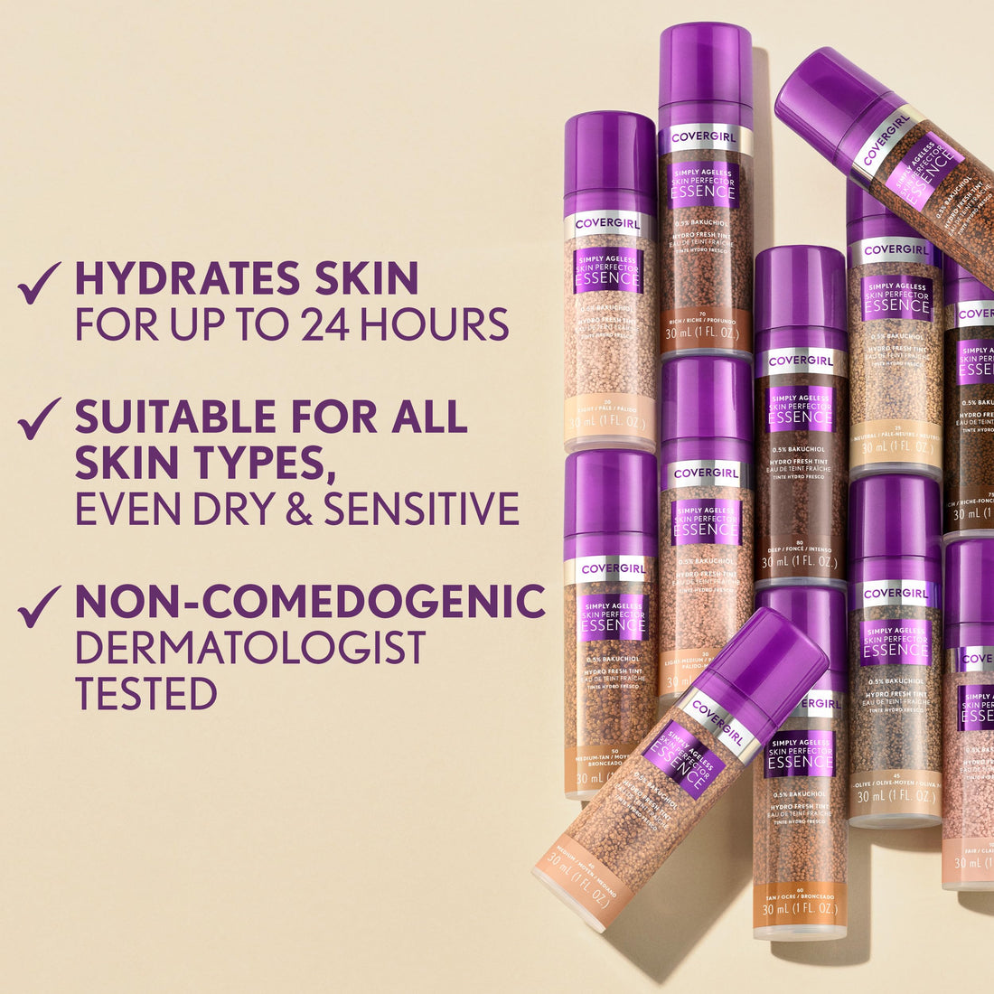 Covergirl Simply Ageless Skin Perfector Essence Foundation, 45 Medium-Olive, Tinted Skincare Makeup Hybrid, Sheer Tint, Radiant Finish, Glowy Finish, Vegan Formula, 1.0oz