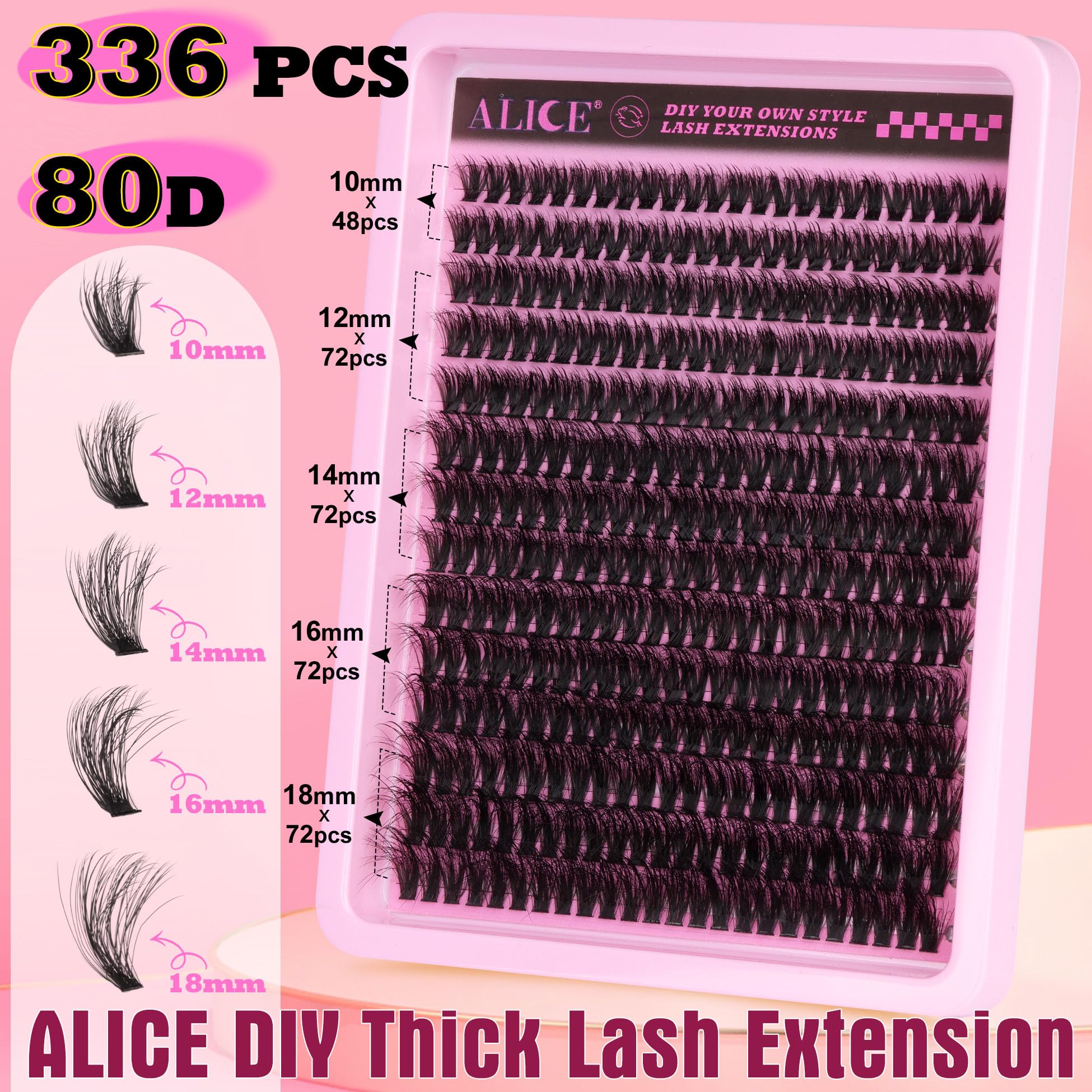 ALICE Lash Clusters 336pcs 80D Lash Extensions Cluster Eyelash Extensions Thick Volume Faux Mink Individual Lashes Mix 10-18mm Long Eyelash Clusters