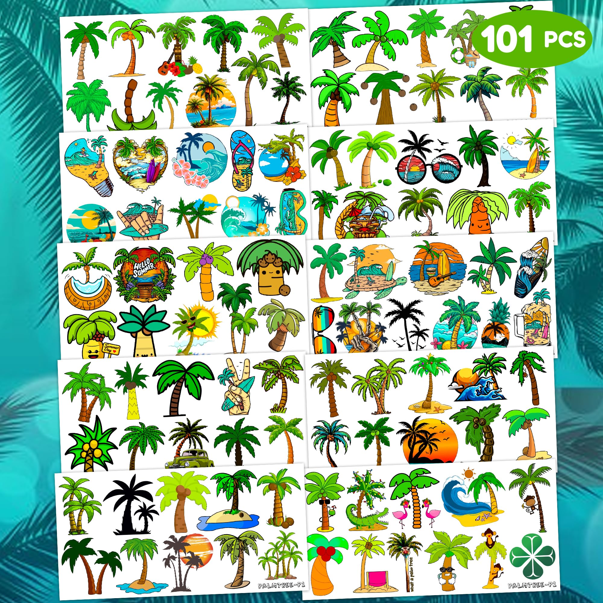 101 PCS Palm Tree Leaves Temporary Tattoos Birthday Party Decorations Supplies Favors Luau Hawaiian Themed Tropical Summer Palm Coconut Tree Beach Pool Decor Stickers Gift School Prizes Rewards