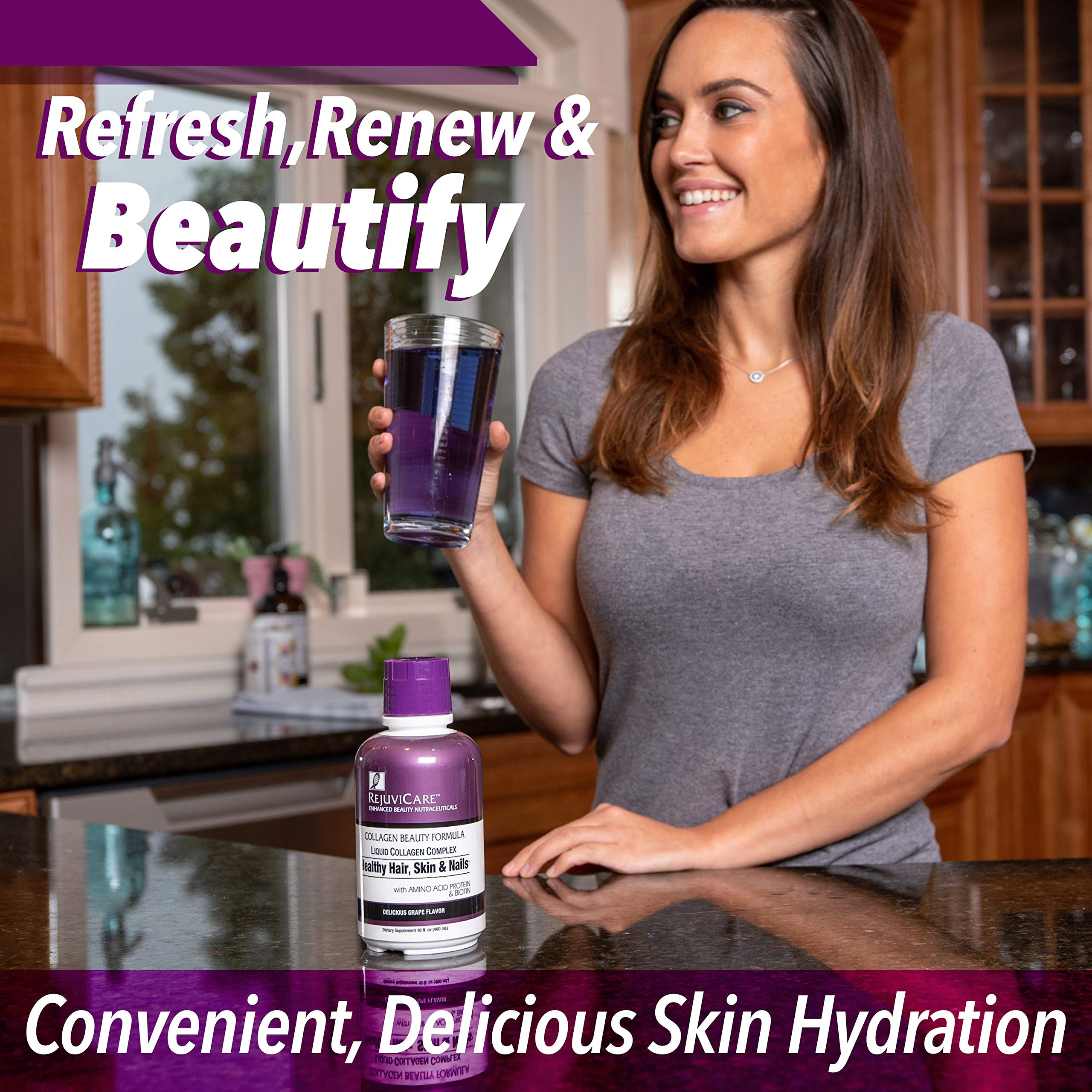 Rejuvicare Liquid Collagen Beauty Formula with Amino Acids, Protein and Biotin, Delicious Grape Flavor, Purple 16 oz ,32 servings