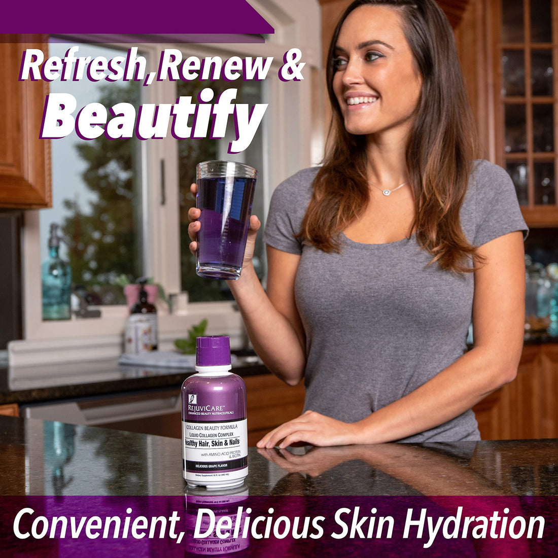 Rejuvicare Liquid Collagen Beauty Formula with Amino Acids, Protein and Biotin, Delicious Grape Flavor, Purple 16 oz ,32 servings