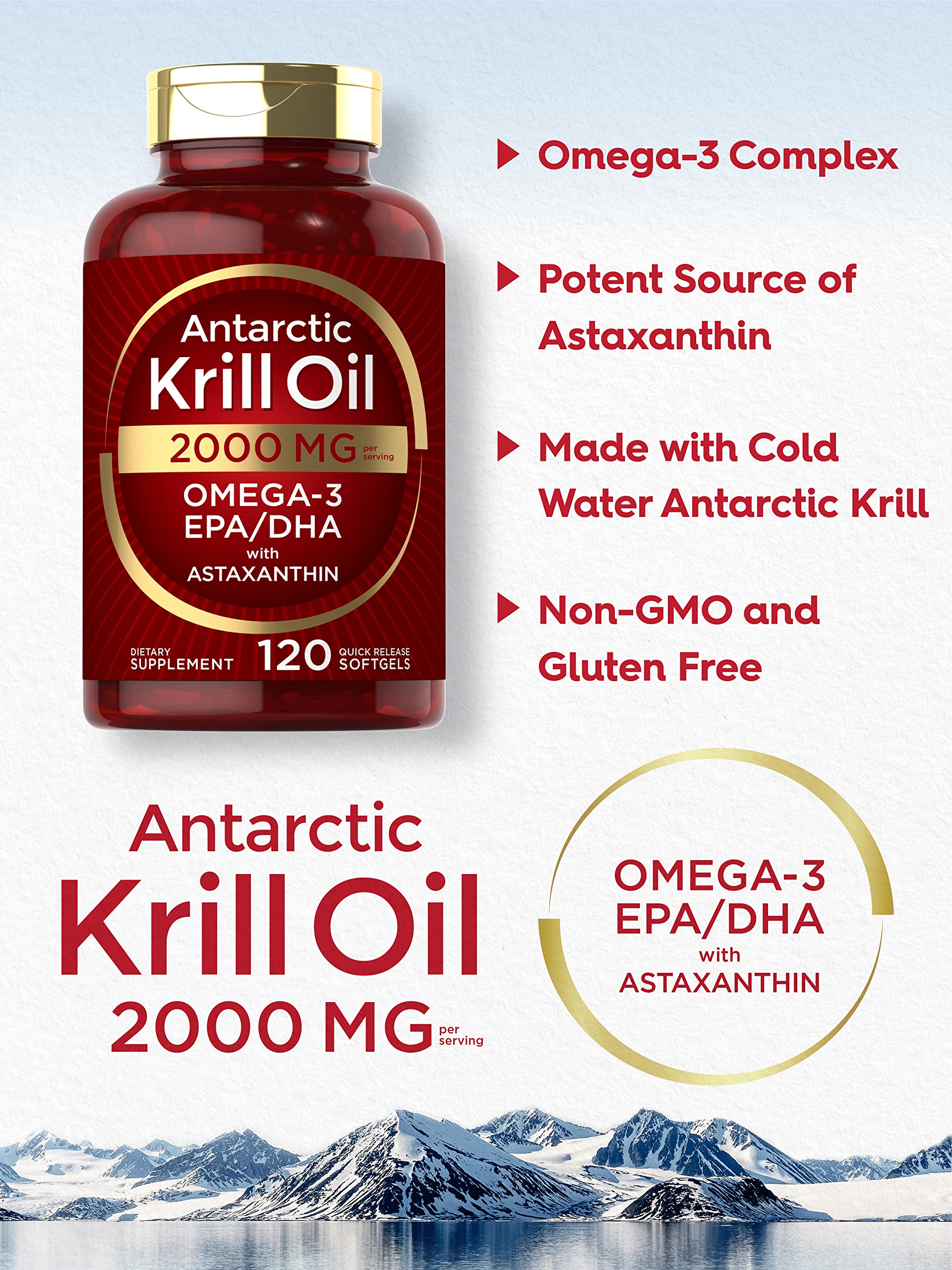 Carlyle Antarctic Krill Oil 2000 mg 120 Softgels | Omega-3 EPA, DHA, with Astaxanthin Supplement Sourced from Red Krill | Maximum Strength | Laboratory Tested