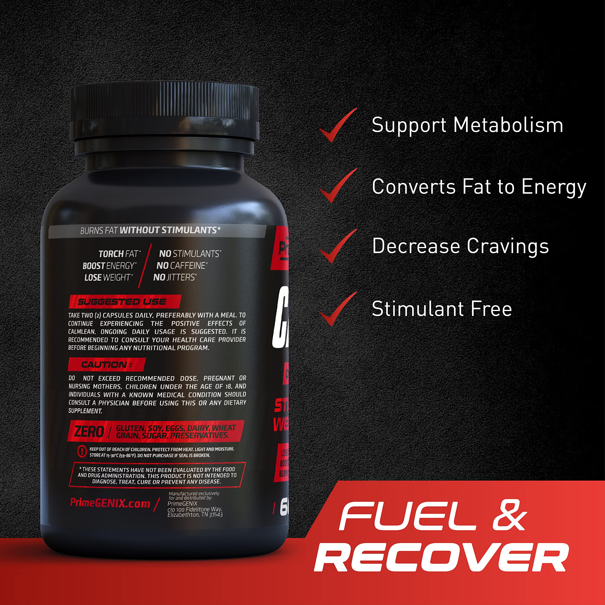 PrimeGENIX CalmLean Stimulant-Free Fat Burner | Weight Loss Supplement for Men | Appetite Suppressant, Metabolism Booster | Thermogenic Nutrients | Non-Stimulant Fat Loss Formula