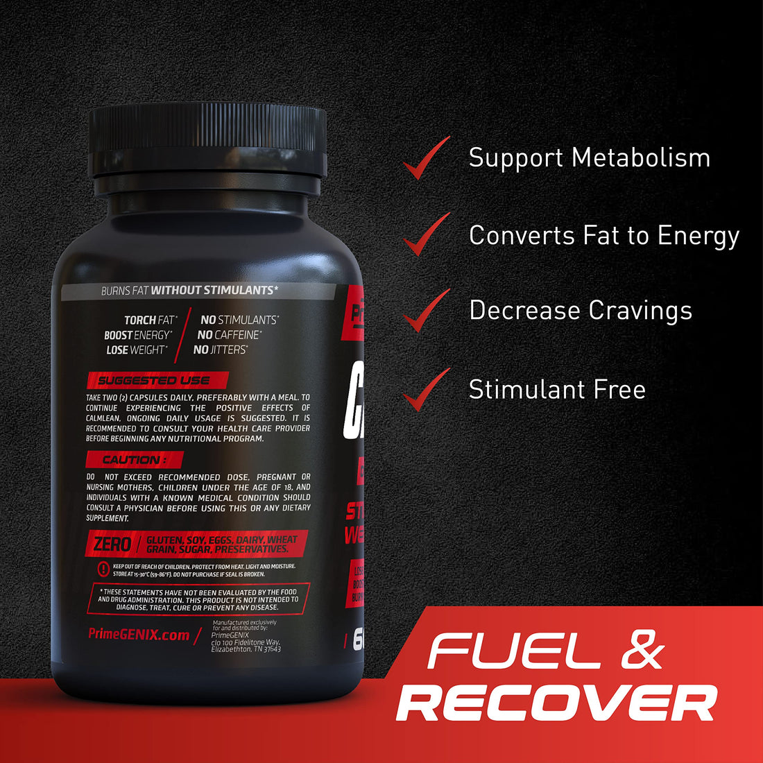 PrimeGENIX CalmLean Stimulant-Free Fat Burner | Weight Loss Supplement for Men | Appetite Suppressant, Metabolism Booster | Thermogenic Nutrients | Non-Stimulant Fat Loss Formula