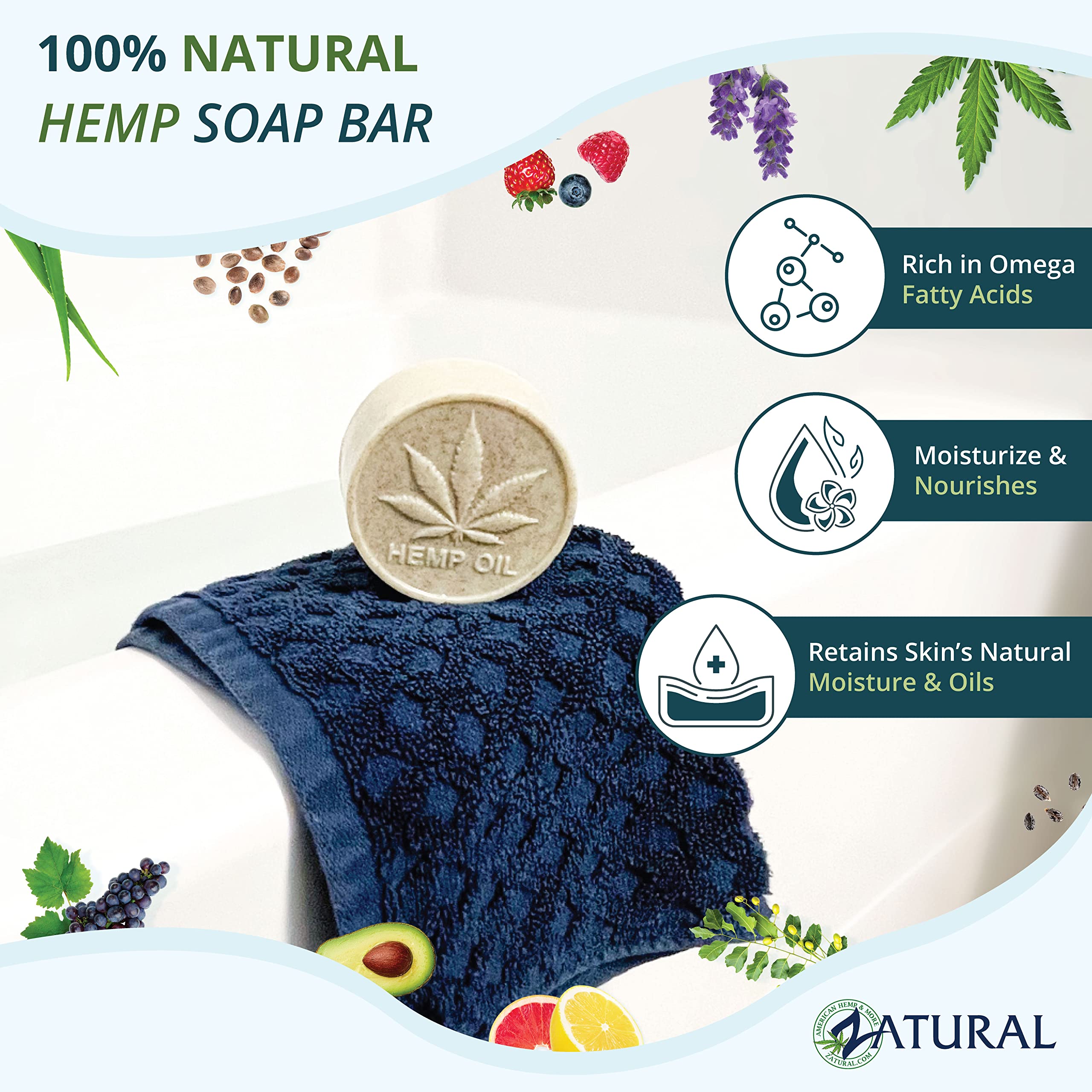 Hemp Bar Soap, 100% Natural Ingredients, Heal, Moisturize, and Cleanse. (5 Bars)