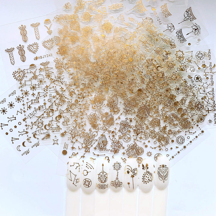 NAIL ANGEL 24 Sheets Nail Art Adhesive Gold Color Sticker Sheets Moon Star Universal Flower Shapes Sticker Sheets Nail Art Deco 10057