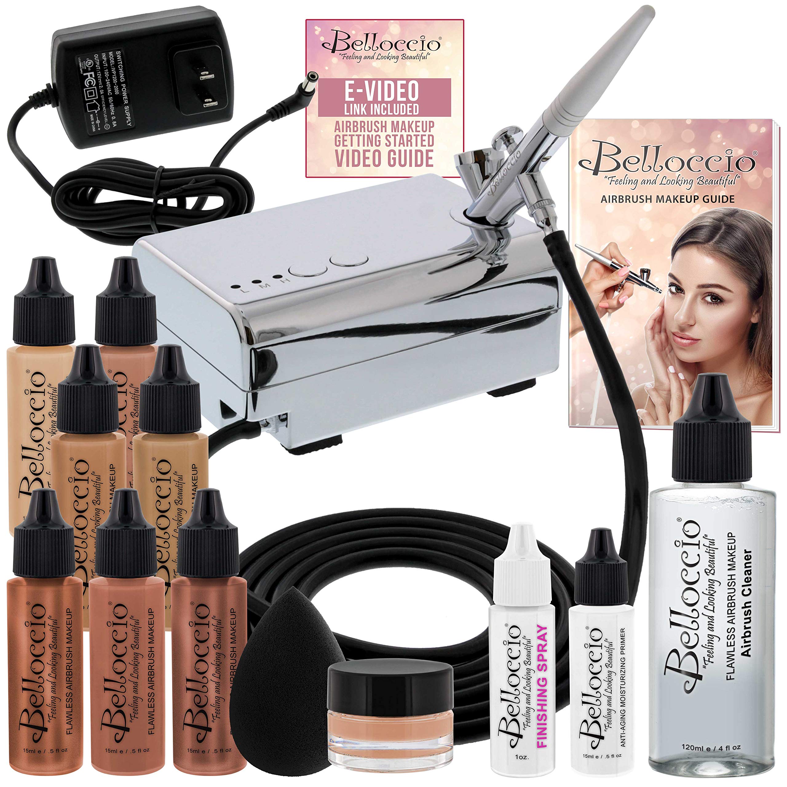 Belloccio Professional Beauty Deluxe Airbrush Cosmetic Makeup System with 4 Medium Shades of Foundation in 1/2 oz Bottles - Kit includes Blush, Bronzer and Highlighter and 3 Free Bonus Items and a DVD