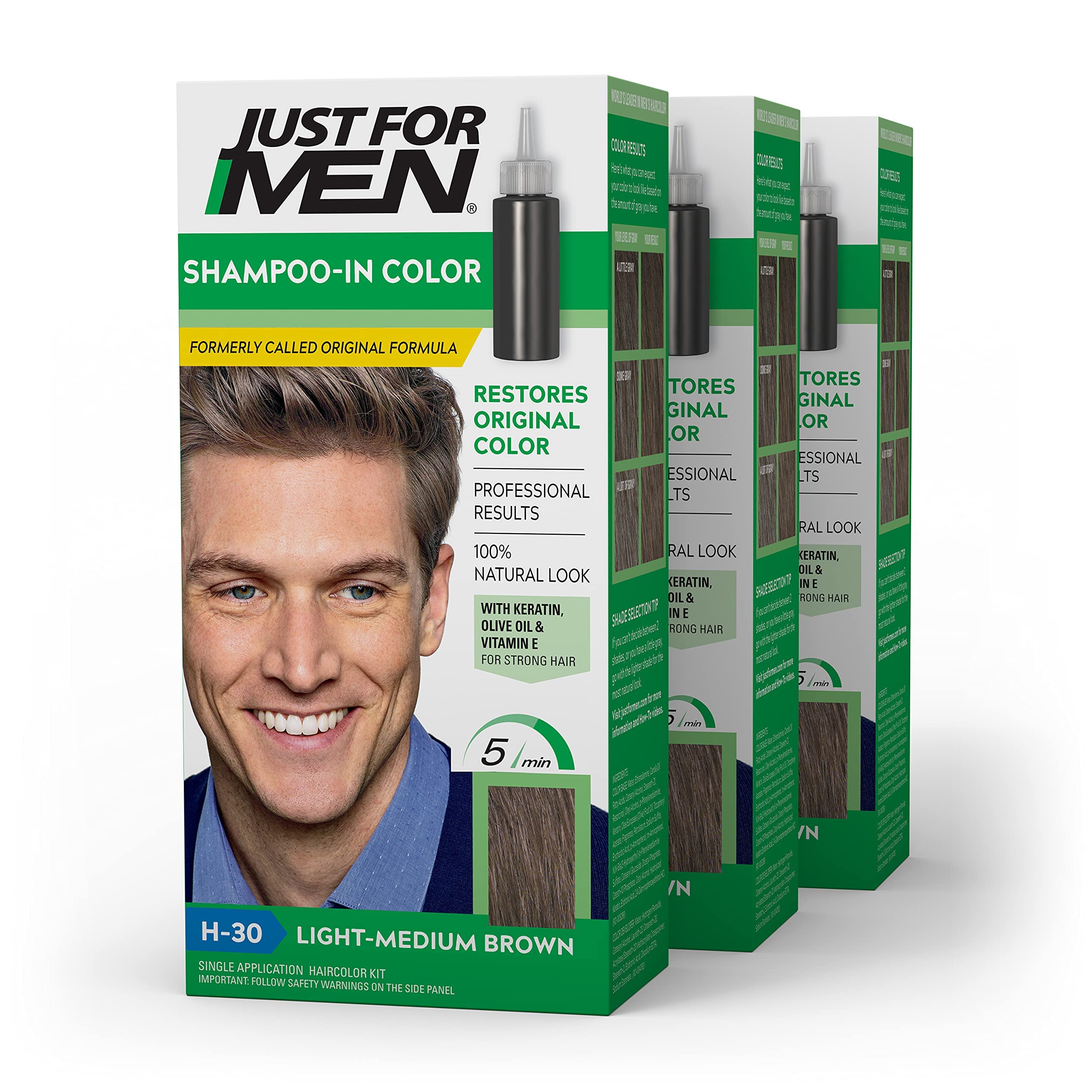 Just for Men Shampoo-In Hair Color Light-Medium Brown H-30 1 Application (Pack of 3) - Packaging May Vary