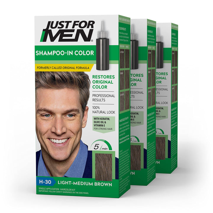 Just for Men Shampoo-In Hair Color Light-Medium Brown H-30 1 Application (Pack of 3) - Packaging May Vary